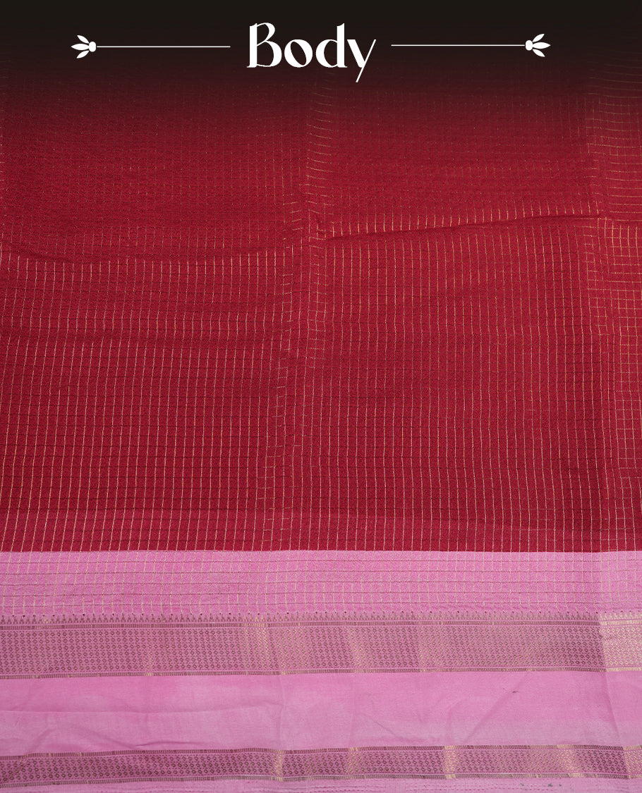 Red colour saree featuring fine check patterns on the body, paired with contrast pink colour zari woven border and pallu. Comes with a matching blouse piece