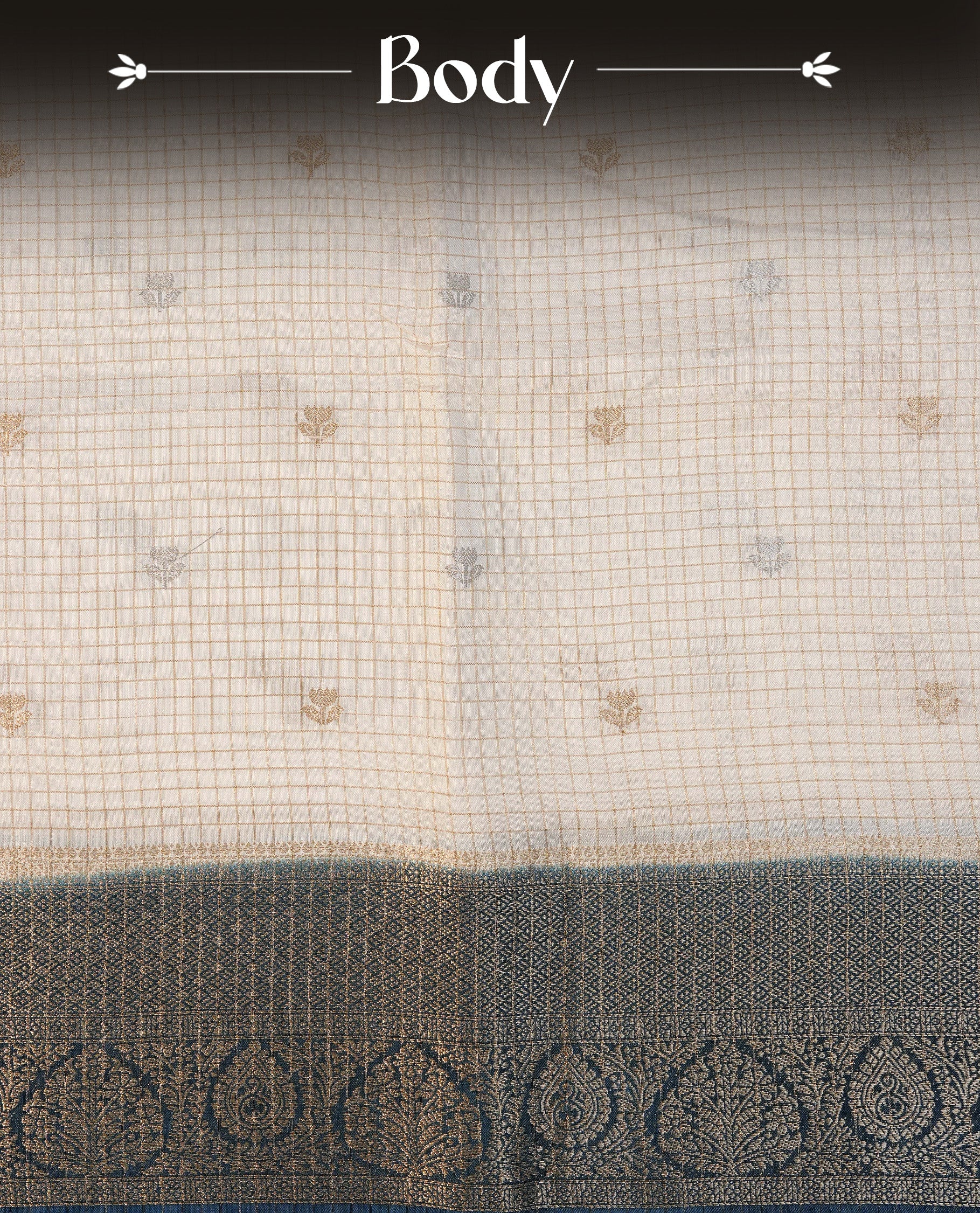 Semi Banaras Tussar Saree Featuring Gold Zari Check With Floral Pattern On Body , Teal Blue Colour With Gold Zari Border , Paired With A Matching Blouse Piece.