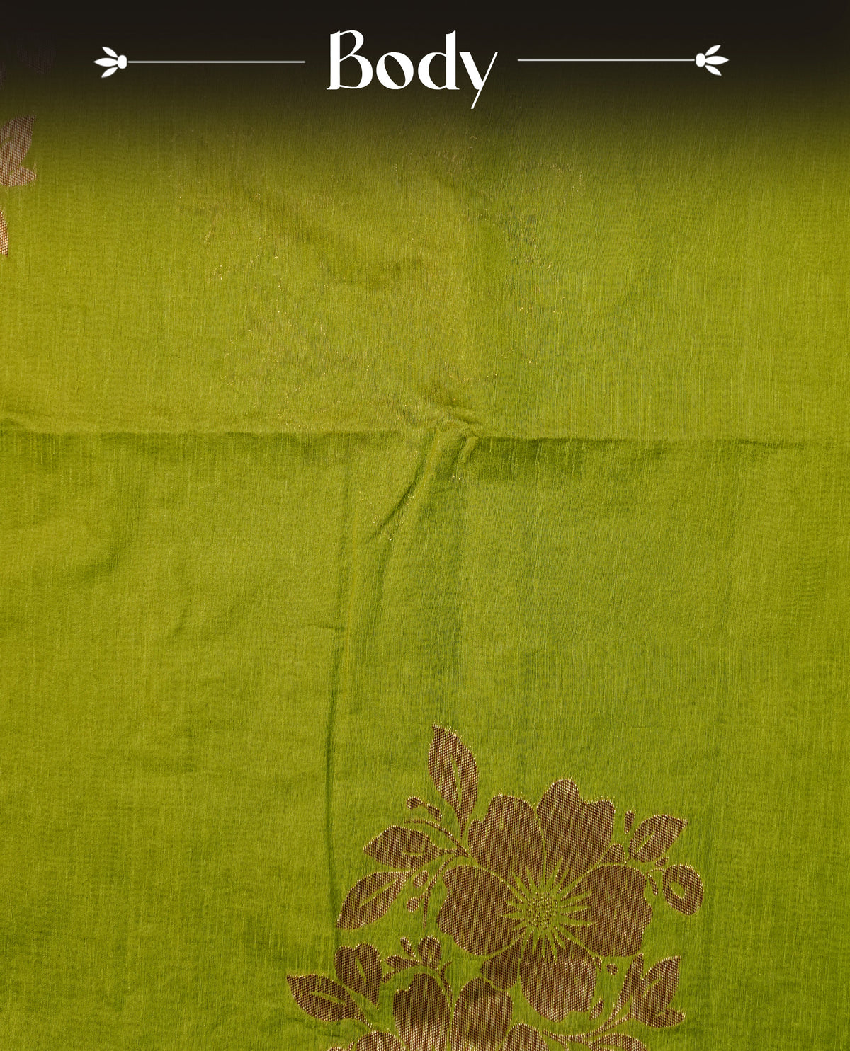 Light Green colour semi linen saree with elegant gold zari floral motifs across the body, complemented by a contrast wine colour with grand gold zari pallu and a borderless design, paired with a matching blouse piece.
