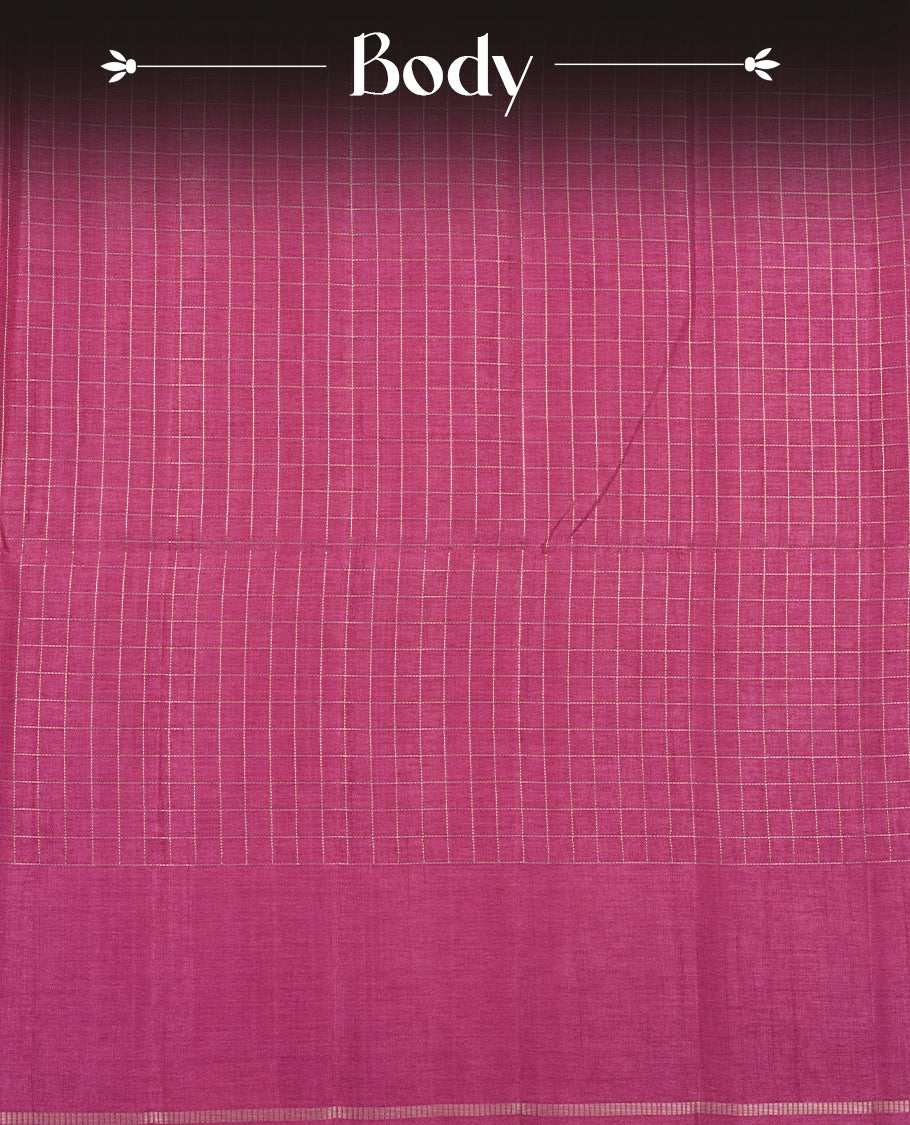 Pastel grape colour semi Tussar saree highlights gold zari check pattern across body, border, pallu and paired with matching blouse piece.