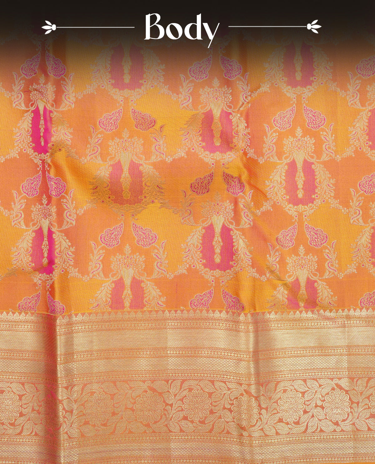 Mustard colour Wedding silk saree featuirng Gold & Maroon Colour zari worked body, complemented by self colour with Grand traditional border, comes with matching blouse piece.
