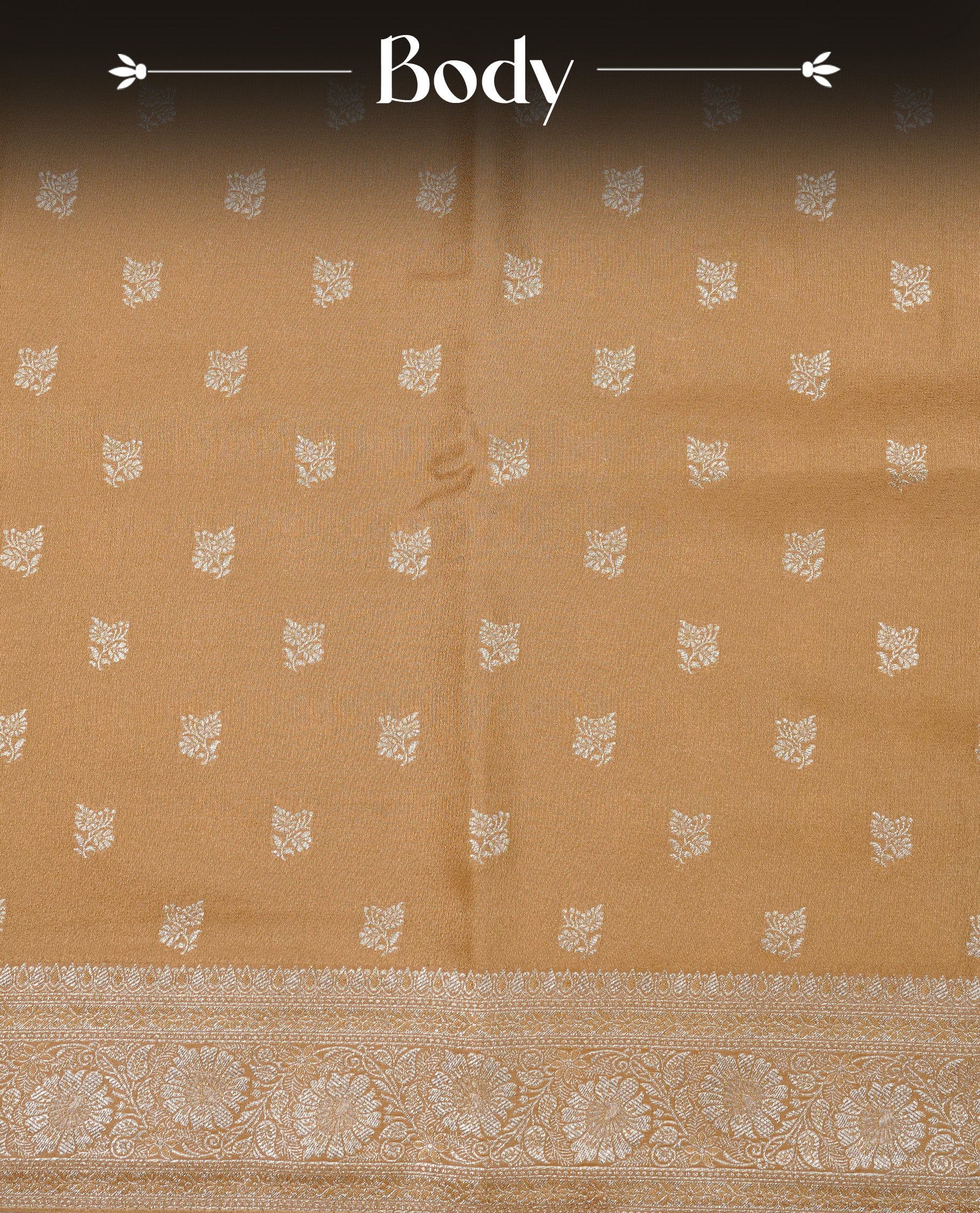 Golden beige colour Mulberry silk saree featuring gold zari motifs on body, complemented by contrast self colour with gold zari border, comes with matching blouse piece.