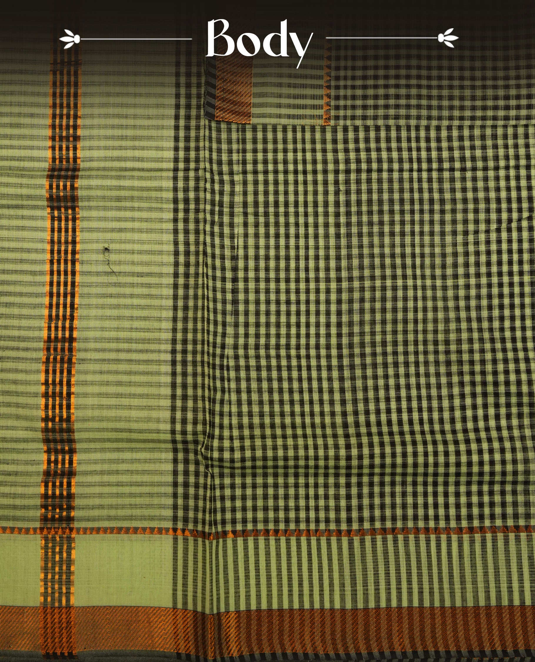 Black and pale green Mangalagiri cotton saree with a classic checked body, contrast striped pallu & Gold zari border. Comes with a matching blouse piece.
