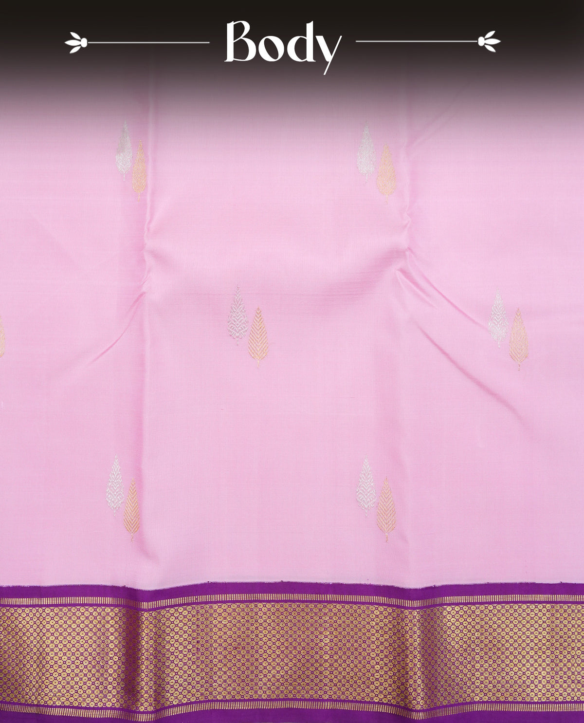 Pink colour Traditional Kancheepuram silk saree featuring Gold & silver zari leaf pattern on body, Contrast purple colour with gold zari border, comes with matching blouse piece.