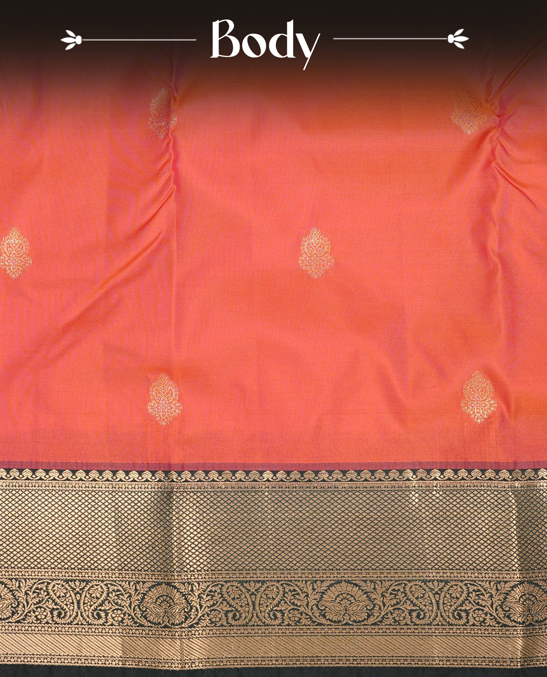 Orange colour semi Wedding silk saree featuring Gold zari motifs on body, enhanced with Contrast Green colour with traditional border, paired with matching blouse piece.