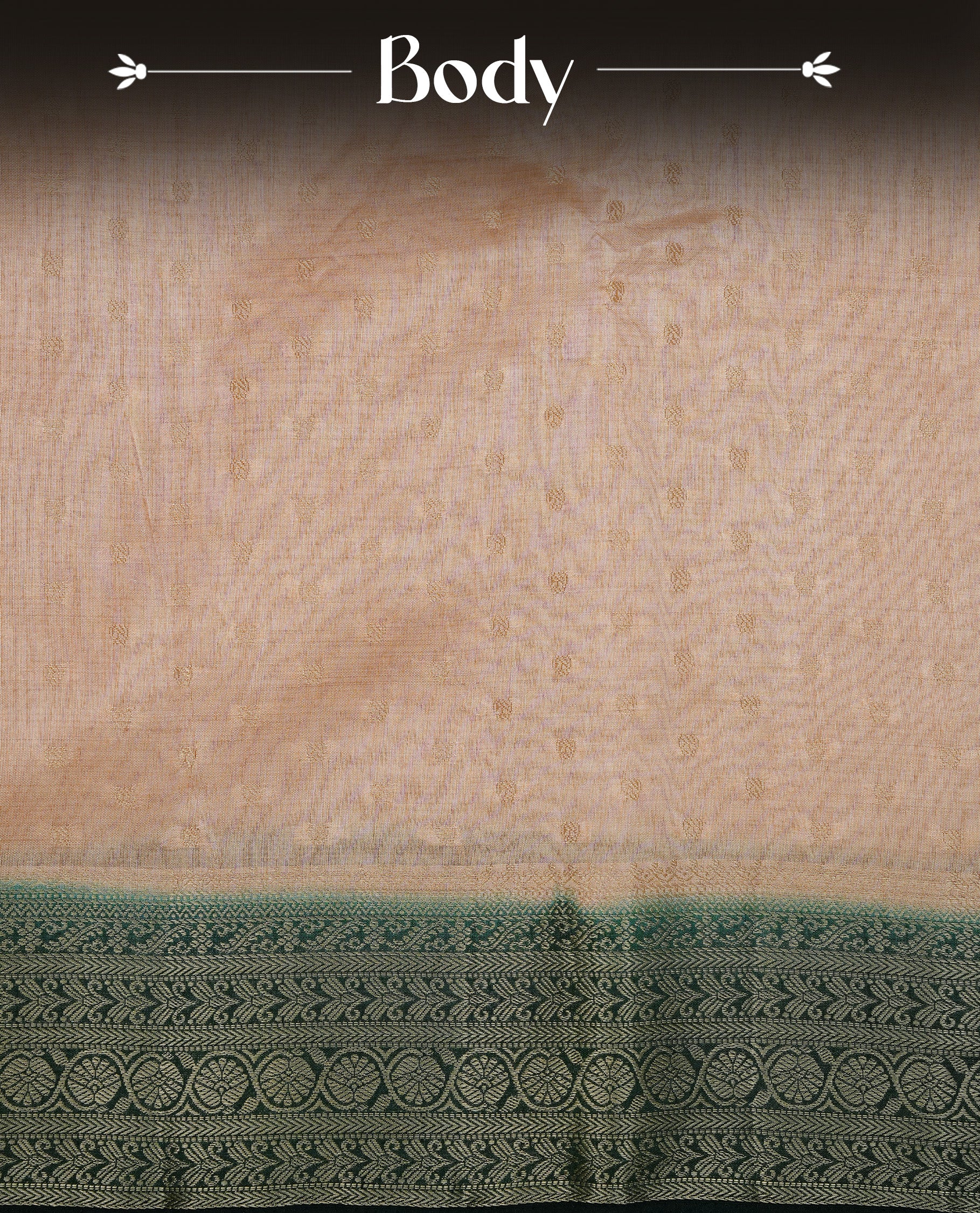 Cream colour Semi Tussar silk saree featuring an Gold zari motifs on body, accentuated by a contrast Dark green border adorned with intricate gold zari work, paired with a matching blouse piece.