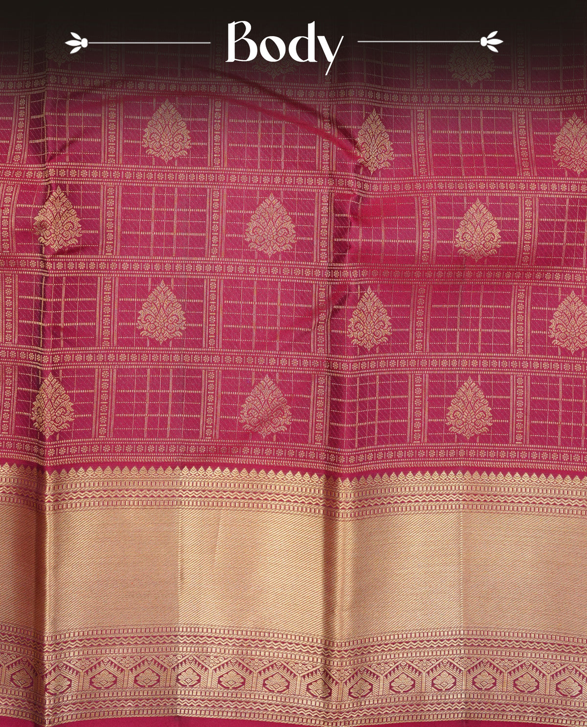 Maroon colour pure wedding silk saree featuring gold zari Box with Motifs on body, complemented by self colour with traditional border, comes with matching blouse piece.