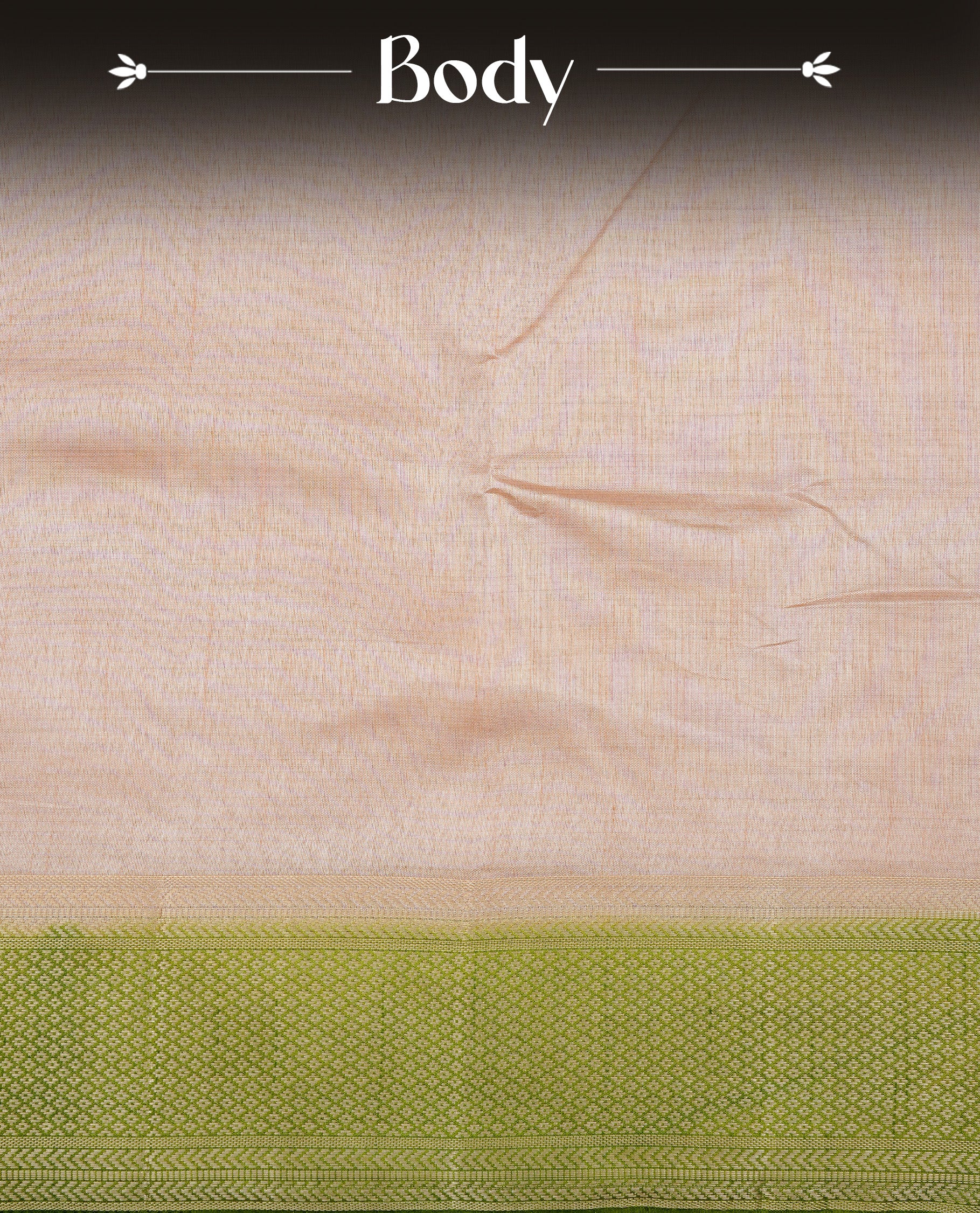 Cream colour Semi Tussar silk saree featuring an elegant plain body, accentuated by a contrast olive border adorned with intricate gold zari work, paired with a matching blouse piece.