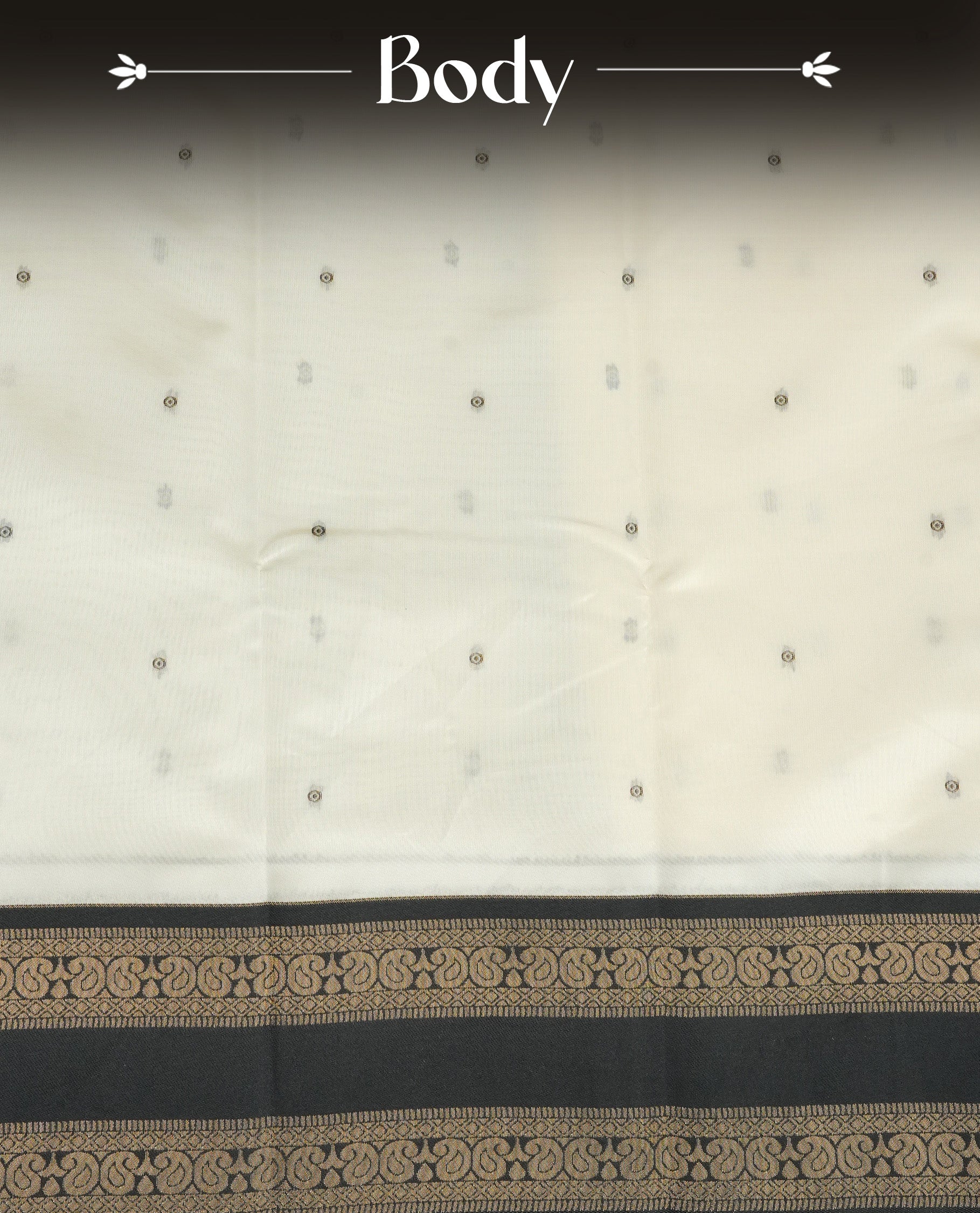Off White Colour Semi Silk Saree Featuring Black thread buttas On Body, Highlighted by contrast border with Mango motifs, paired with matching blouse piece.