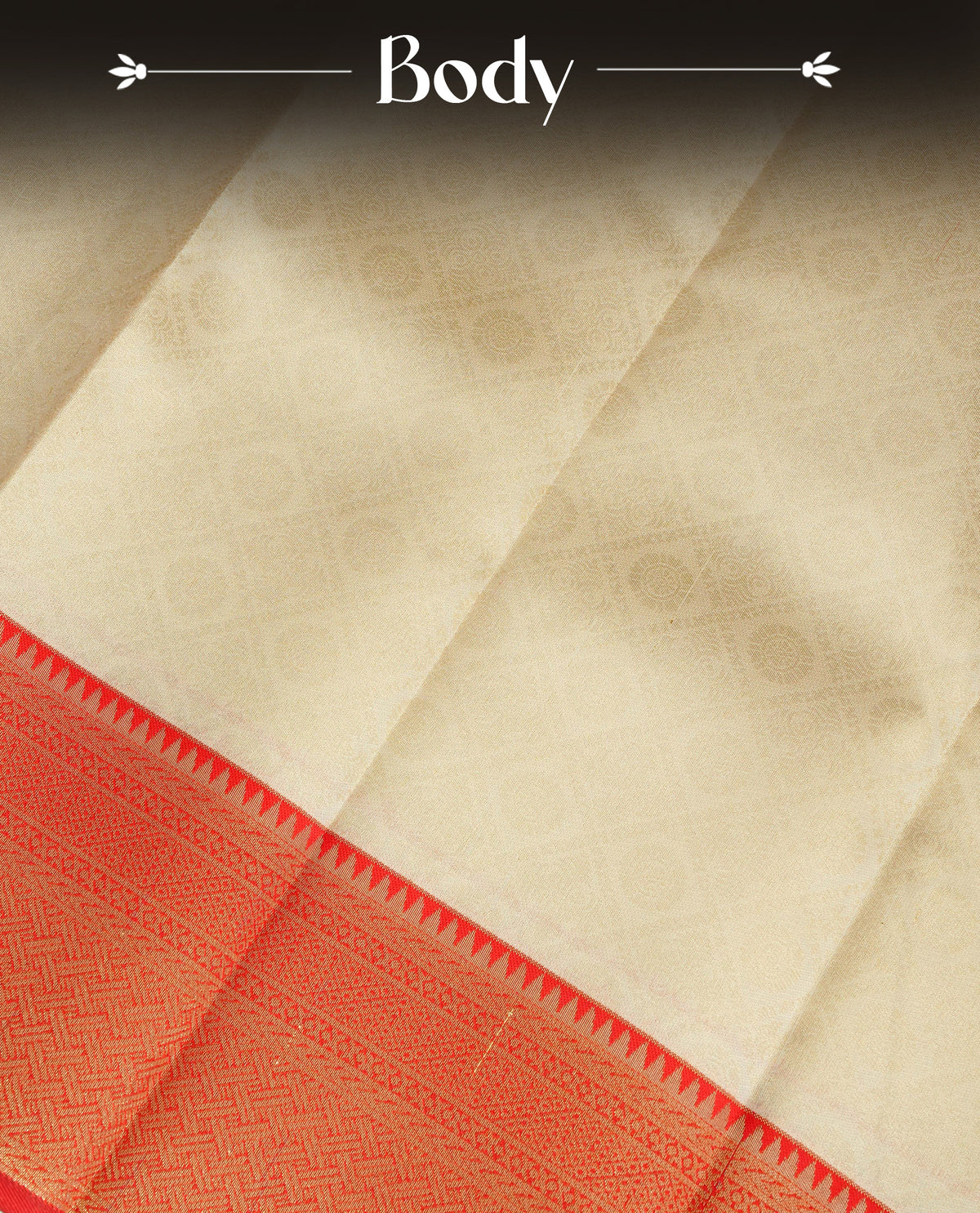 Cream Colour Semi Soft Silk Saree Featuring Gold zari Box With motifs Pattern On Body, Highlighted by contrast Red border with Gold zari, paired with matching blouse piece.