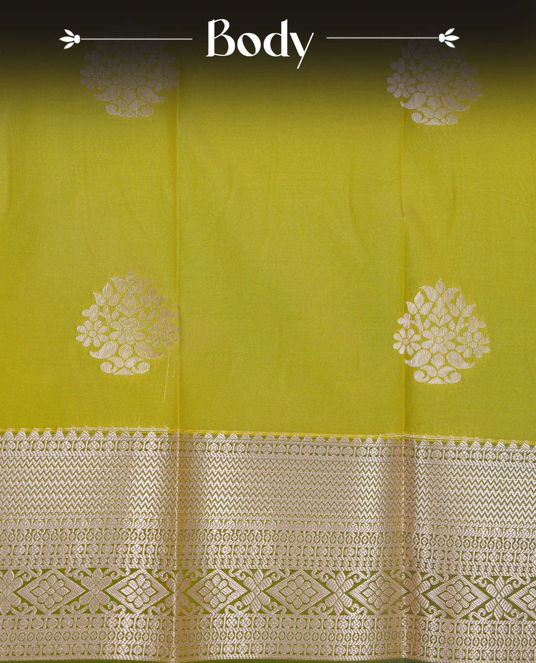 Olive colour Semi silk saree Featuring gold zari motifs on body, complemented by Contrast Green colour with gold zari border, paired with matching blouse piece.