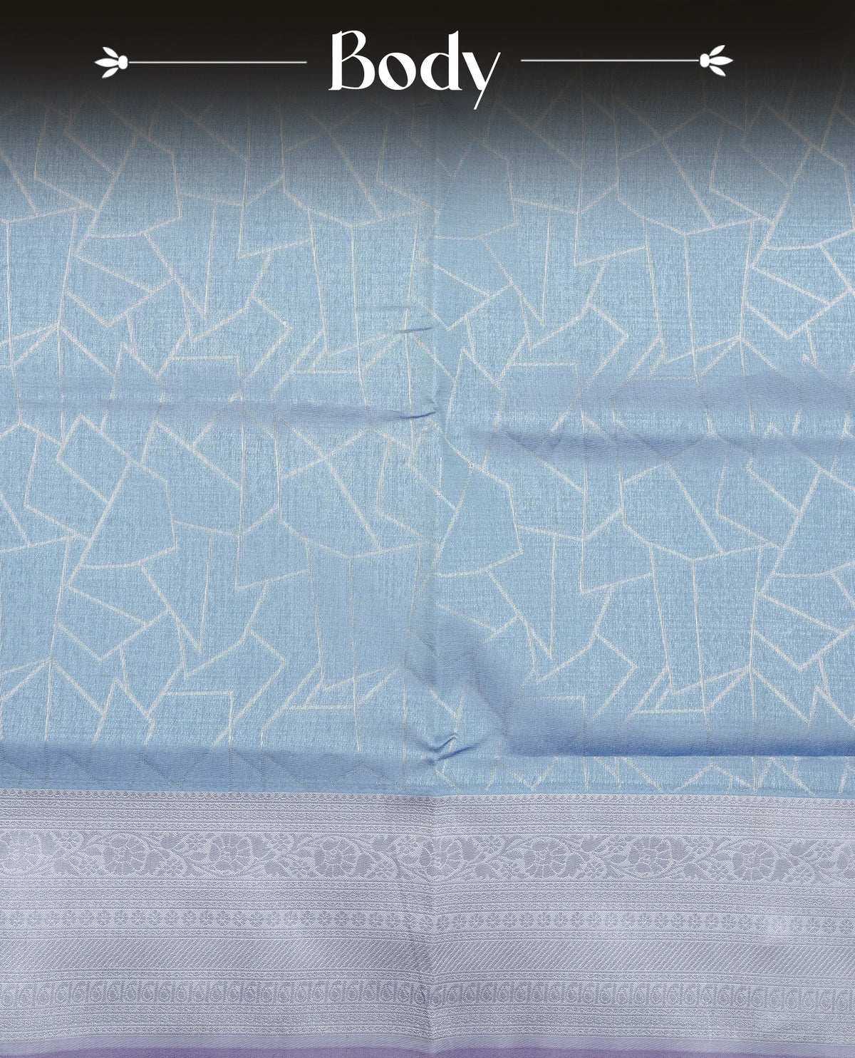 Sky blue colour semi silk saree featuring Silver zari Geometric pattern on body, complemented by contrast Lavender colour with silver zari border, comes with matching blouse piece.