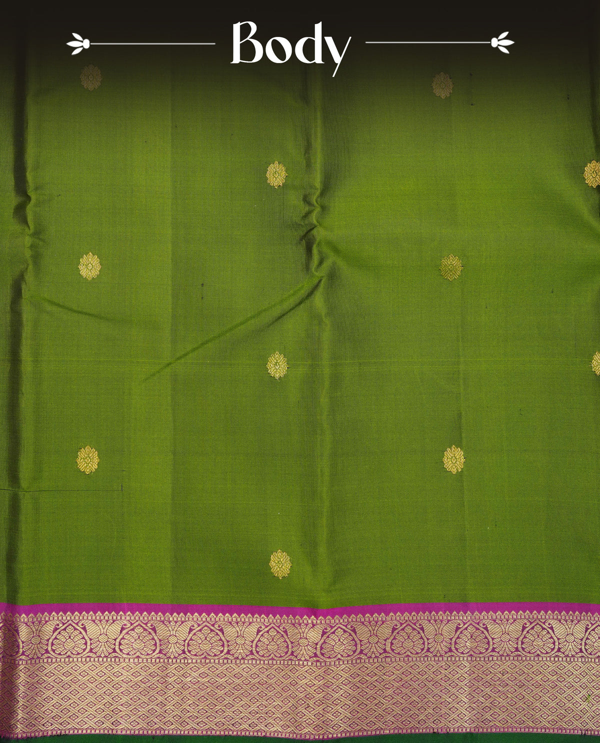 Olive Green Traditional kancheepuram silk saree featuring gold zari buttas on body, complemented by contrast Magenta & green with traditional border, comes with matching blouse piece.