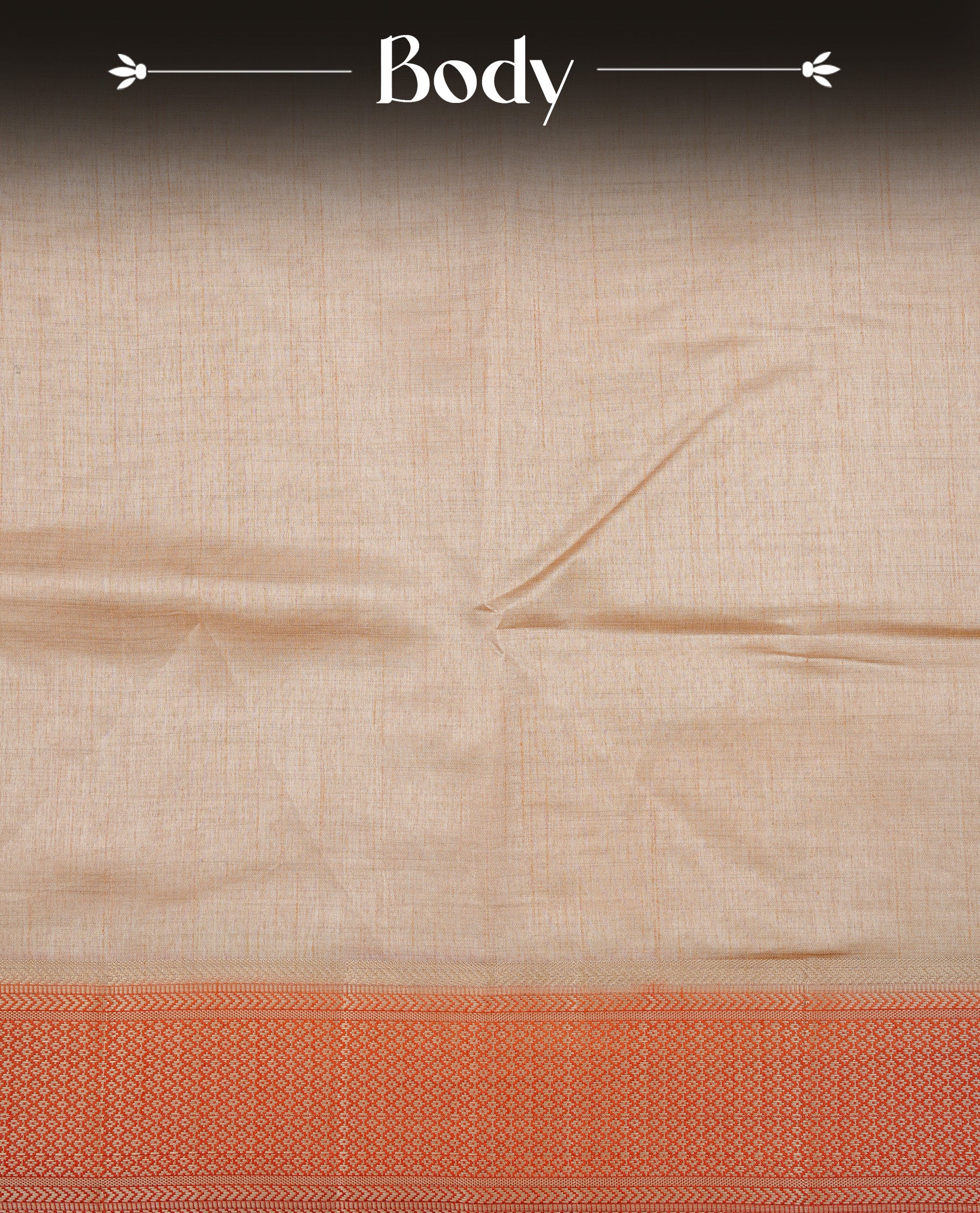 Cream colour Semi Tussar silk saree featuring an elegant plain body, accentuated by a contrast Orange border adorned with intricate gold zari work, paired with a matching blouse piece.