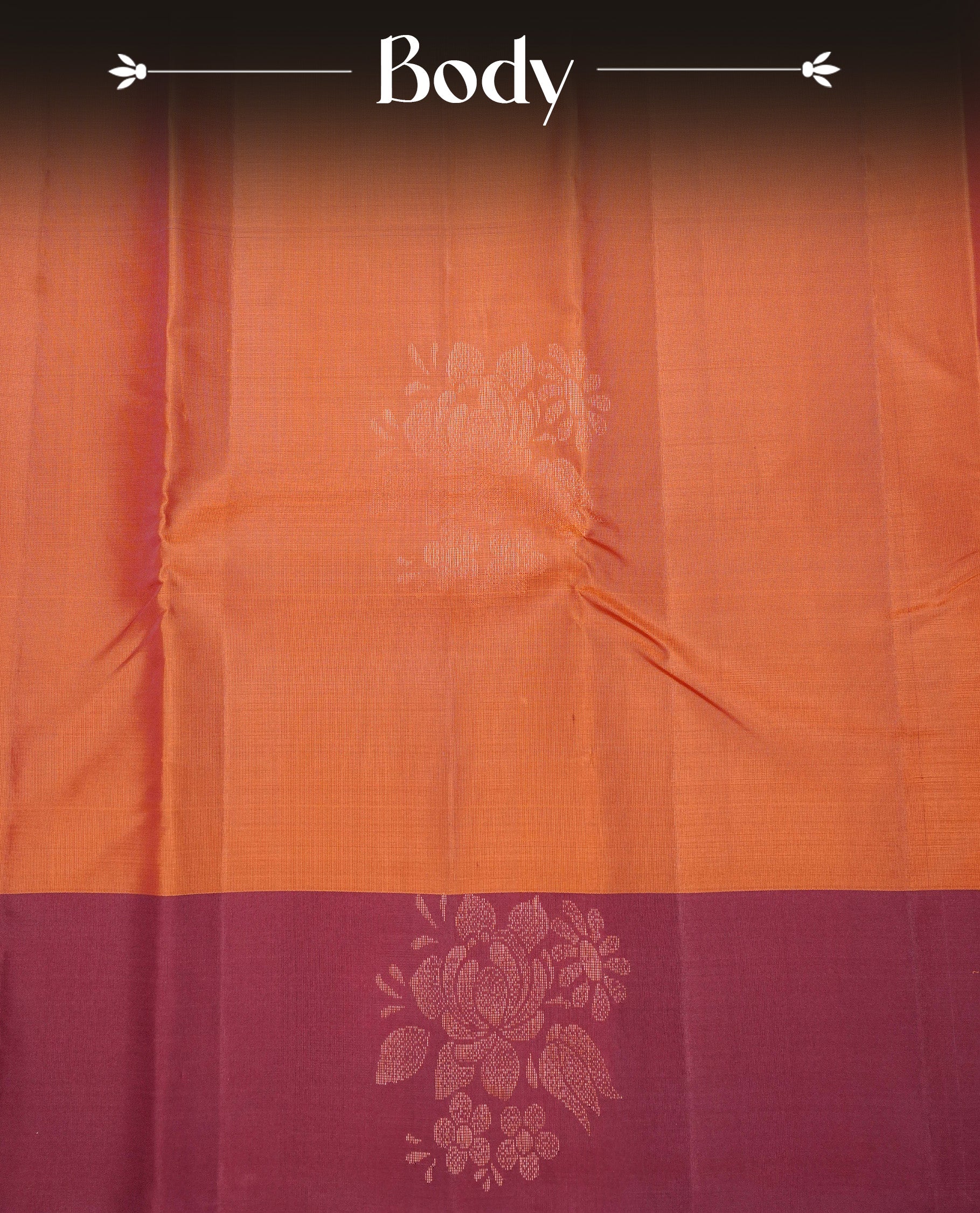 Rust Orange Colour Traditional Kancheepuram Silk Saree Featuring Copper Zari Floral Motifs on the Body, Designed With a Copper Zari Maroon Border and with a Grand Maroon Pallu, Paired with a Matching Blouse.