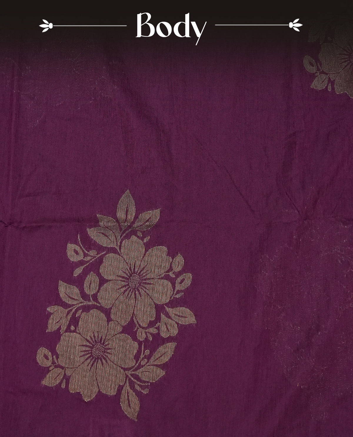 Deep Purple colour semi linen saree with elegant gold zari floral motifs across the body, complemented by a contrast colour with grand gold zari pallu and a borderless design, paired with a matching blouse piece.