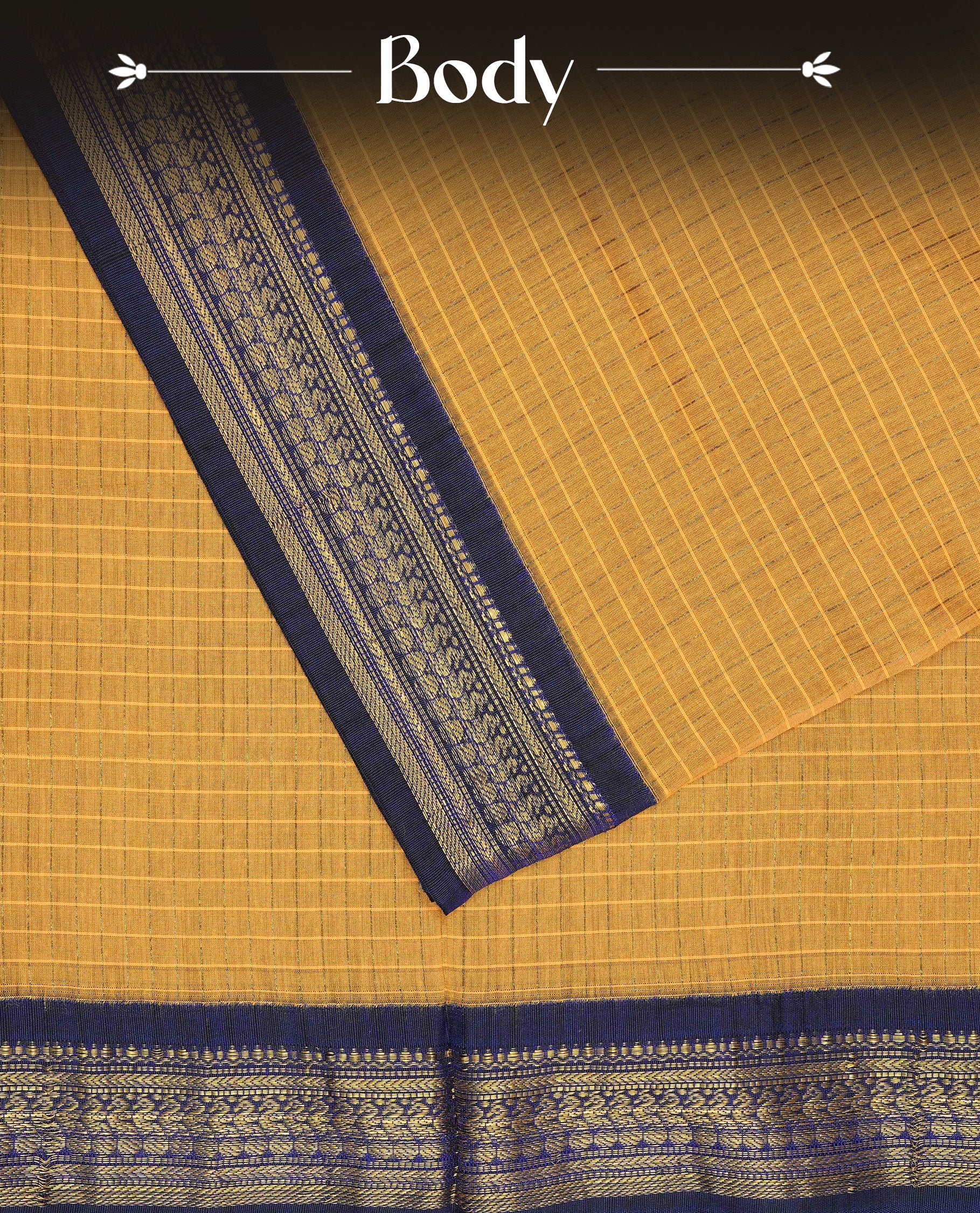 Yellow colour Kalyani cotton saree featuring Gold zari check pattern on body, complemented by Contrast Blue colour with grand gold zari border & pallu, matching blouse piece