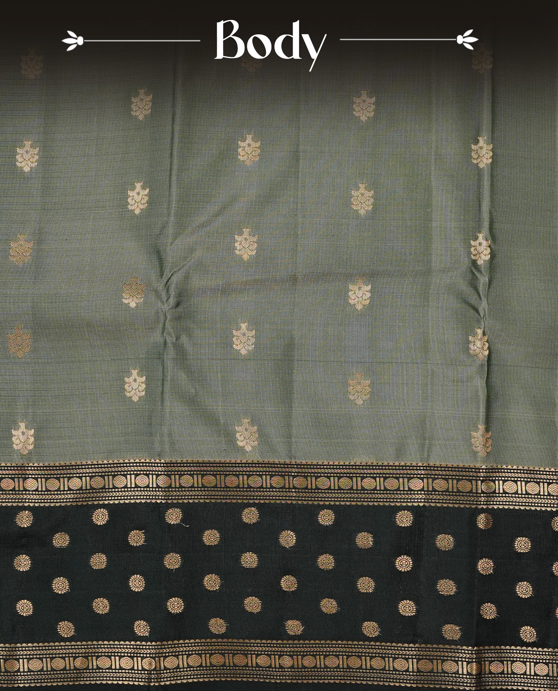 Dark Sea Green colour Traditional Kancheepuram silk saree featuring gold zari motifs on body, enhanced with contrast Dark green with traditional border, paired with matching blouse piece.