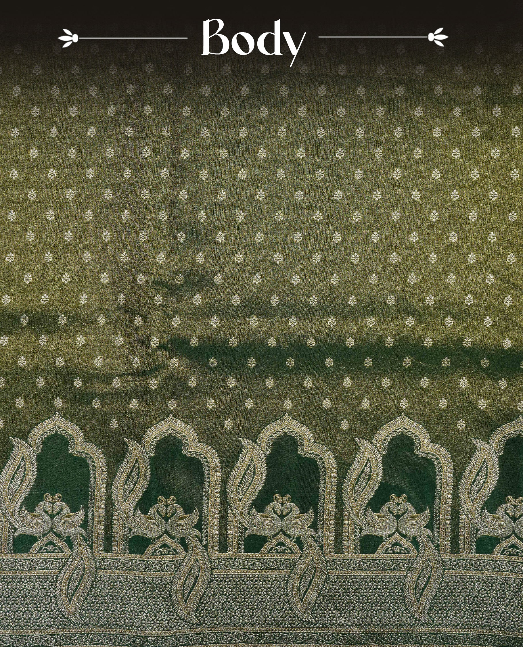 Green colour Mulberry silk saree featuring Gold zari buttas on body, complmented by self colour with Gold zari dual peacock in Temple design border, comes with matching blouse piece.