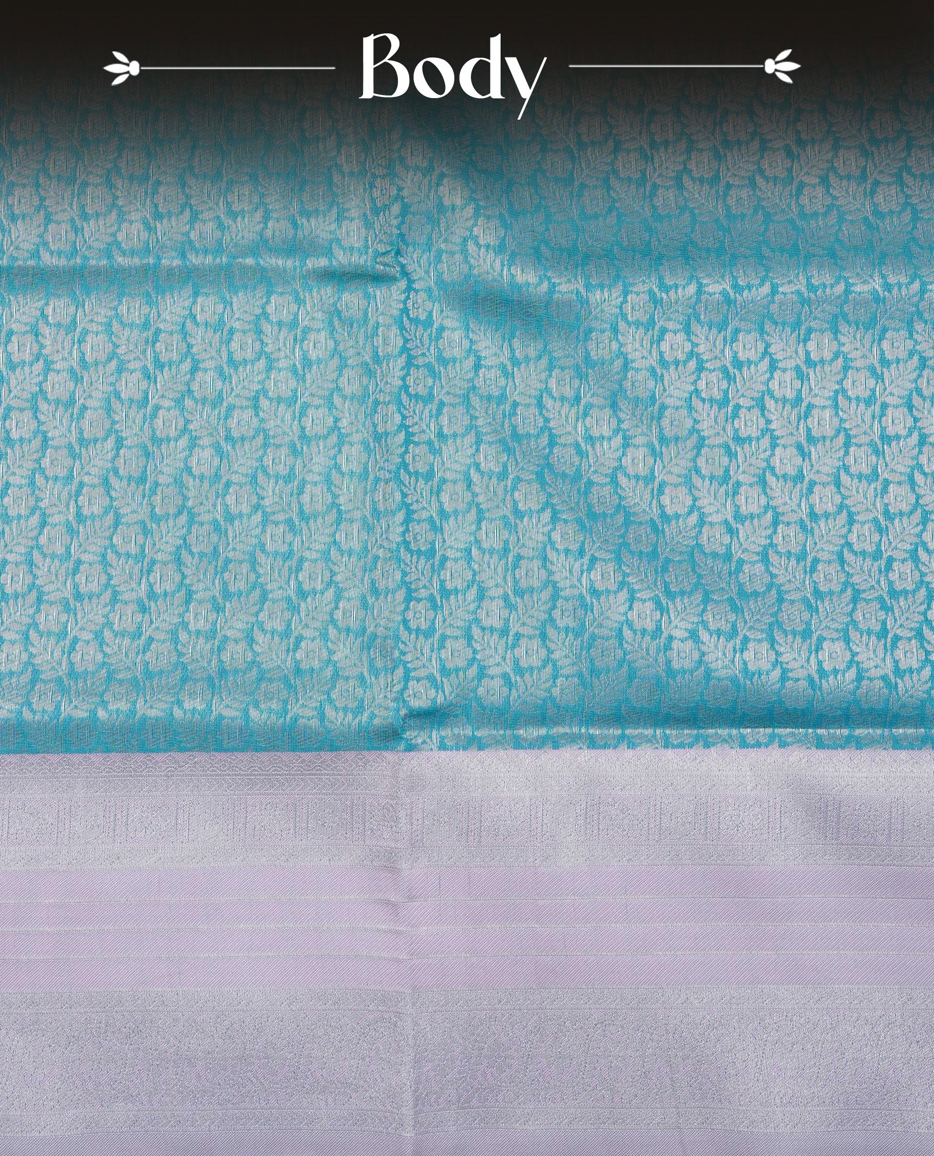 Aqua blue colour semi silk saree featuring Silver zari Floral pattern on body, complemented by contrast Grey colour with silver zari border, comes with matching blouse piece.