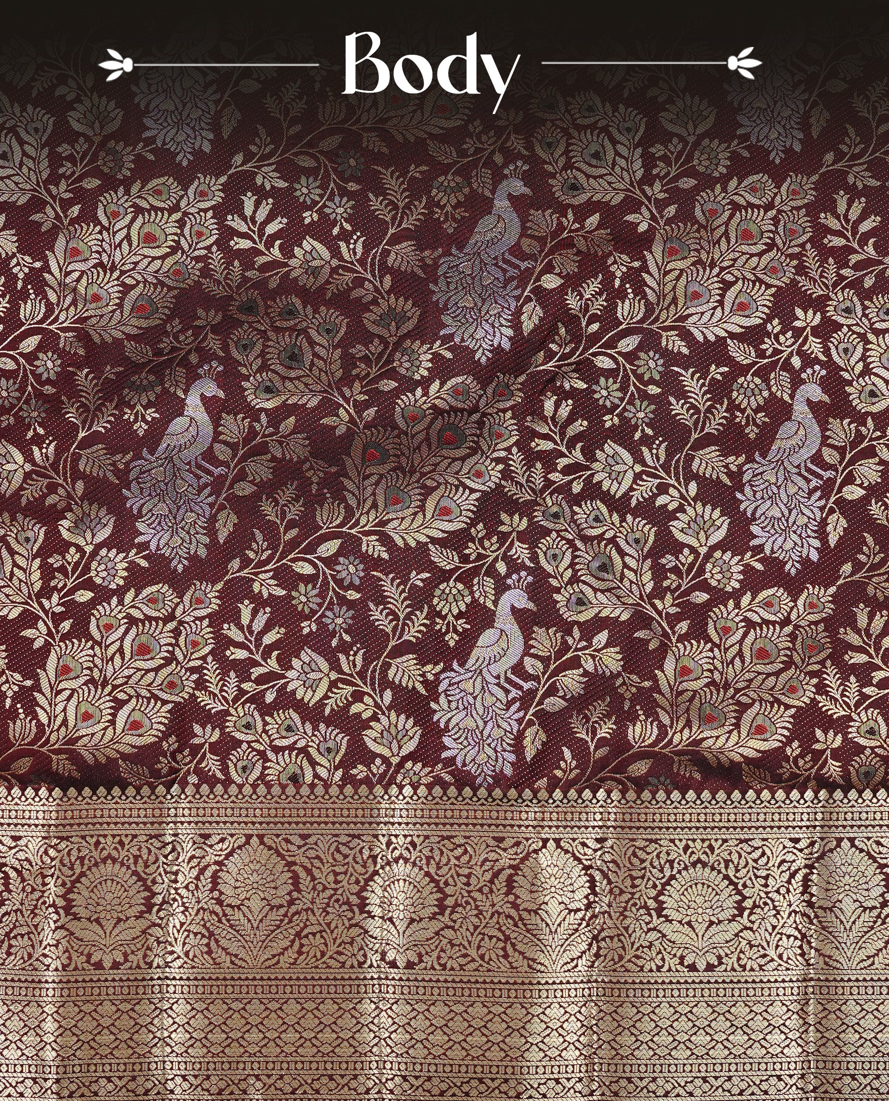 Dark chocolate colour semi wedding silk saree featuring Gold zari Floral kodi pattern with Silver zari peacock motifs on body, complemented gold zari border, paired with matching blouse piece.