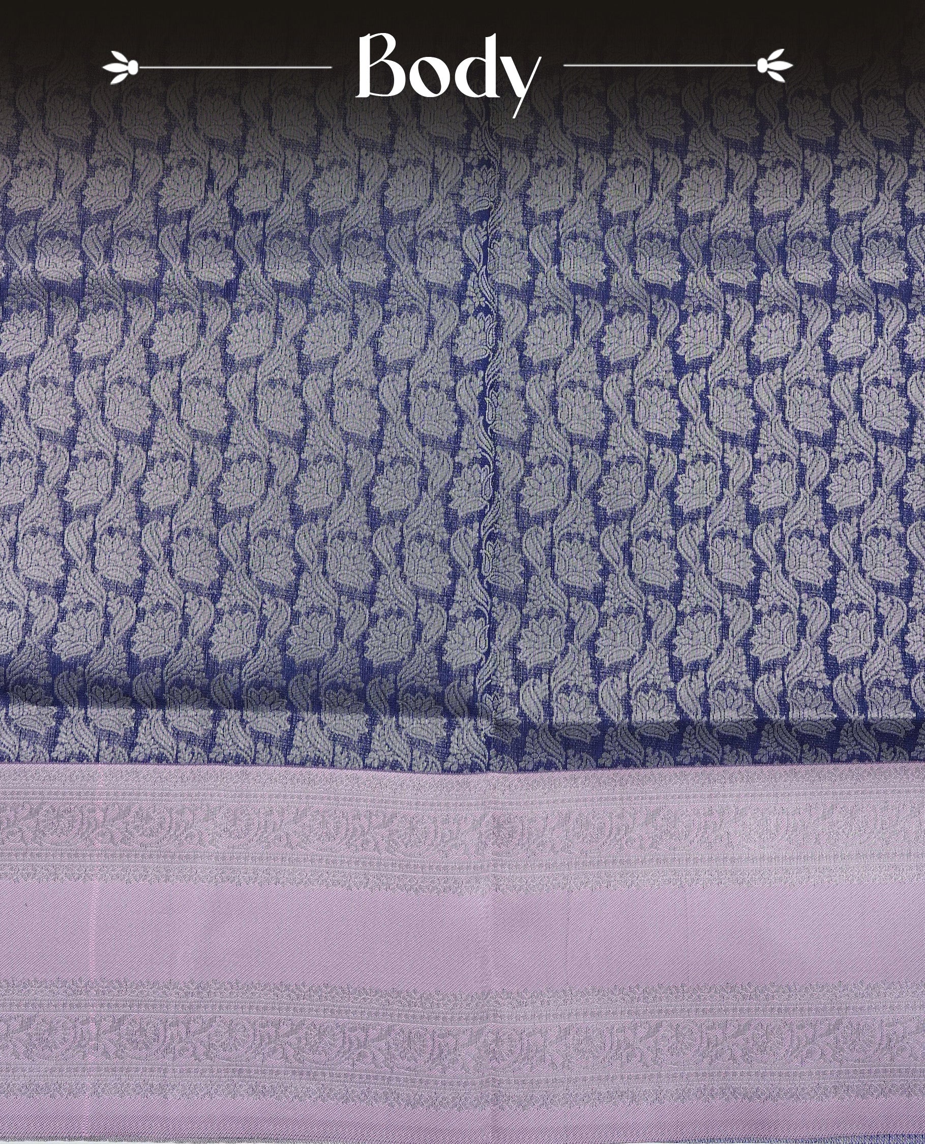 Navy Blue colour semi silk saree featuring Silver zari floral pattern on body, complemented by contrast Pink colour with silver zari border, comes with matching blouse piece.