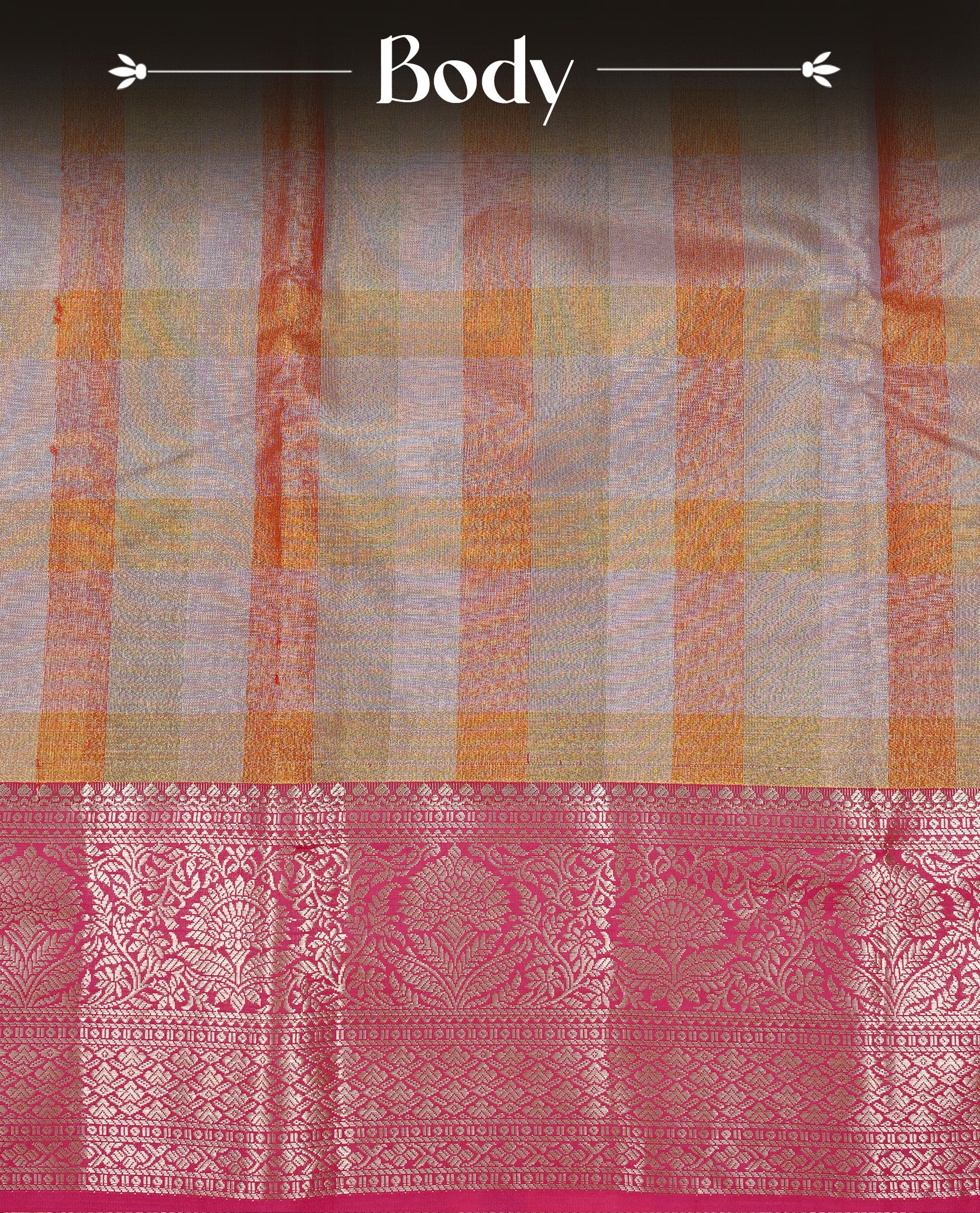 Light green, Orange & Yellow Colour Tissue Saree featuring Multi colour Check Design on body, complemented by contrast Magenta colour with Gold zari border, paired with matching blouse piece.