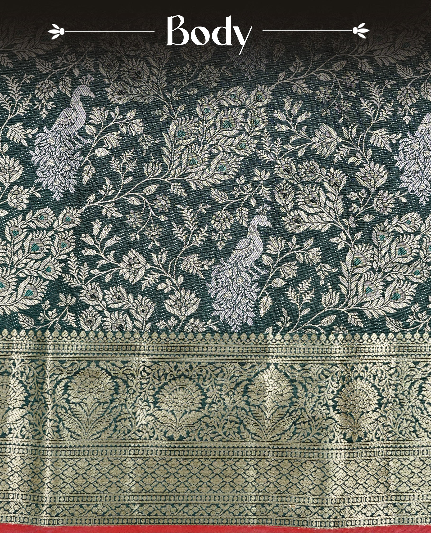 Green colour semi wedding silk saree featuring Gold zari Floral kodi pattern with Silver zari peacock motifs on body, complemented gold zari border, paired with matching blouse piece.