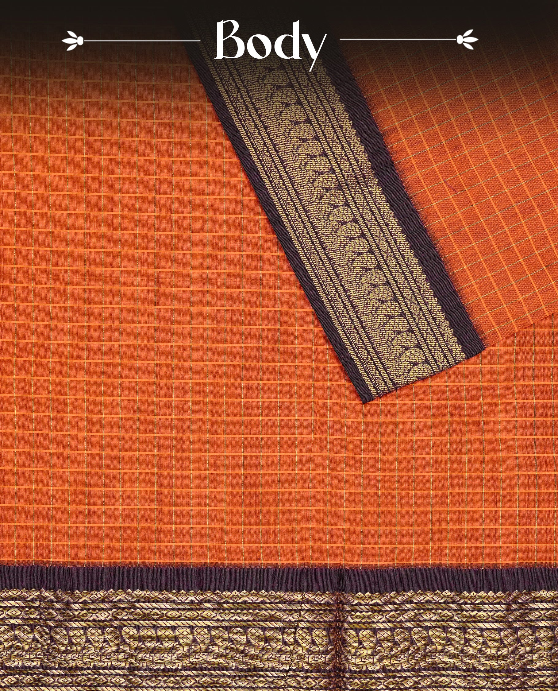 Orange colour Kalyani cotton saree featuring Gold zari check pattern on body, complemented by Contrast Purple colour with grand gold zari border & pallu, matching blouse piece