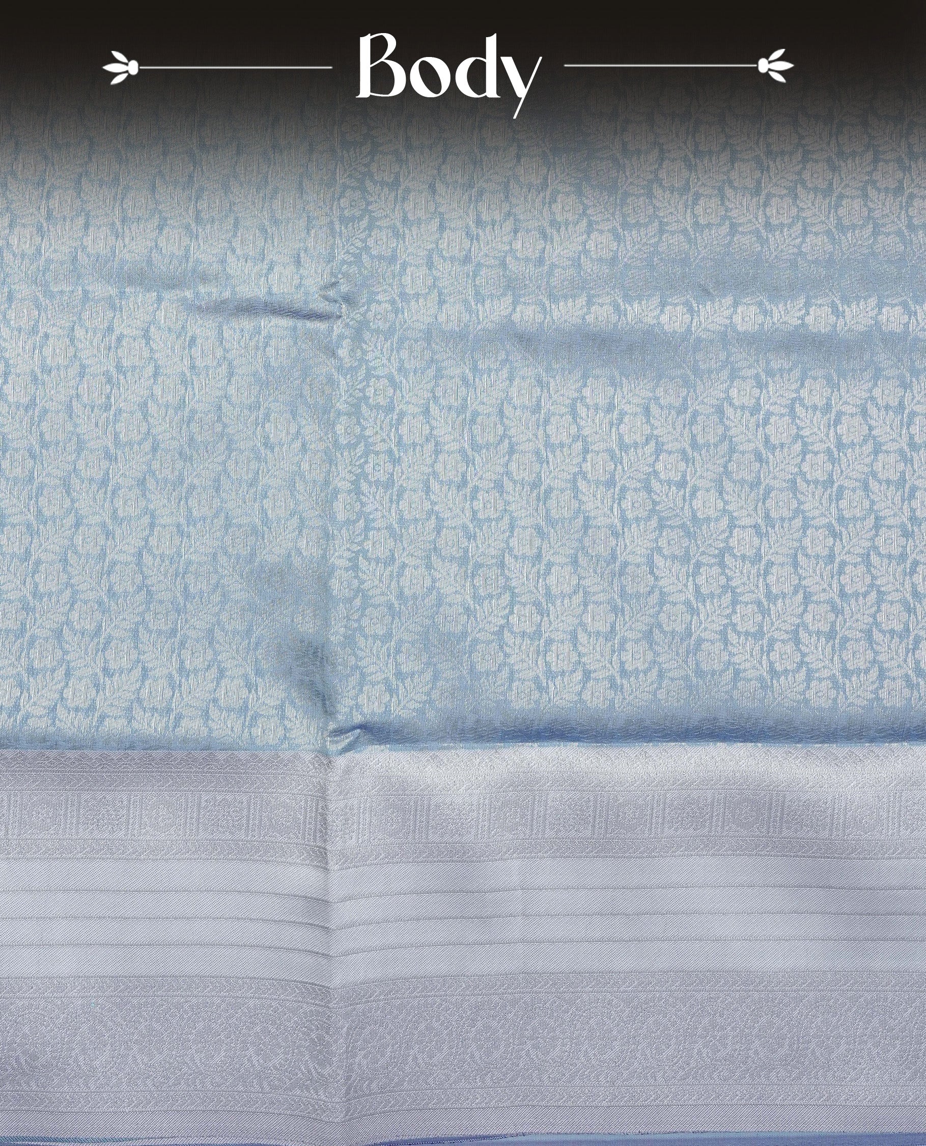 Sky blue colour semi silk saree featuring Silver zari Floral pattern on body, complemented by contrast Lavender colour with silver zari border, comes with matching blouse piece.