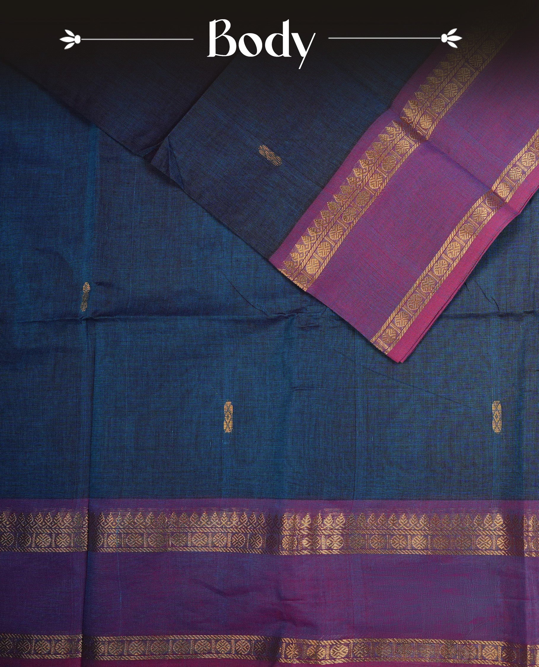 Dark Blue colour chettinad cotton saree featuring Gold Zari Motifs on body, complemented by Contrast Purple Colour With Gold Zari border, paired with matching blouse piece.