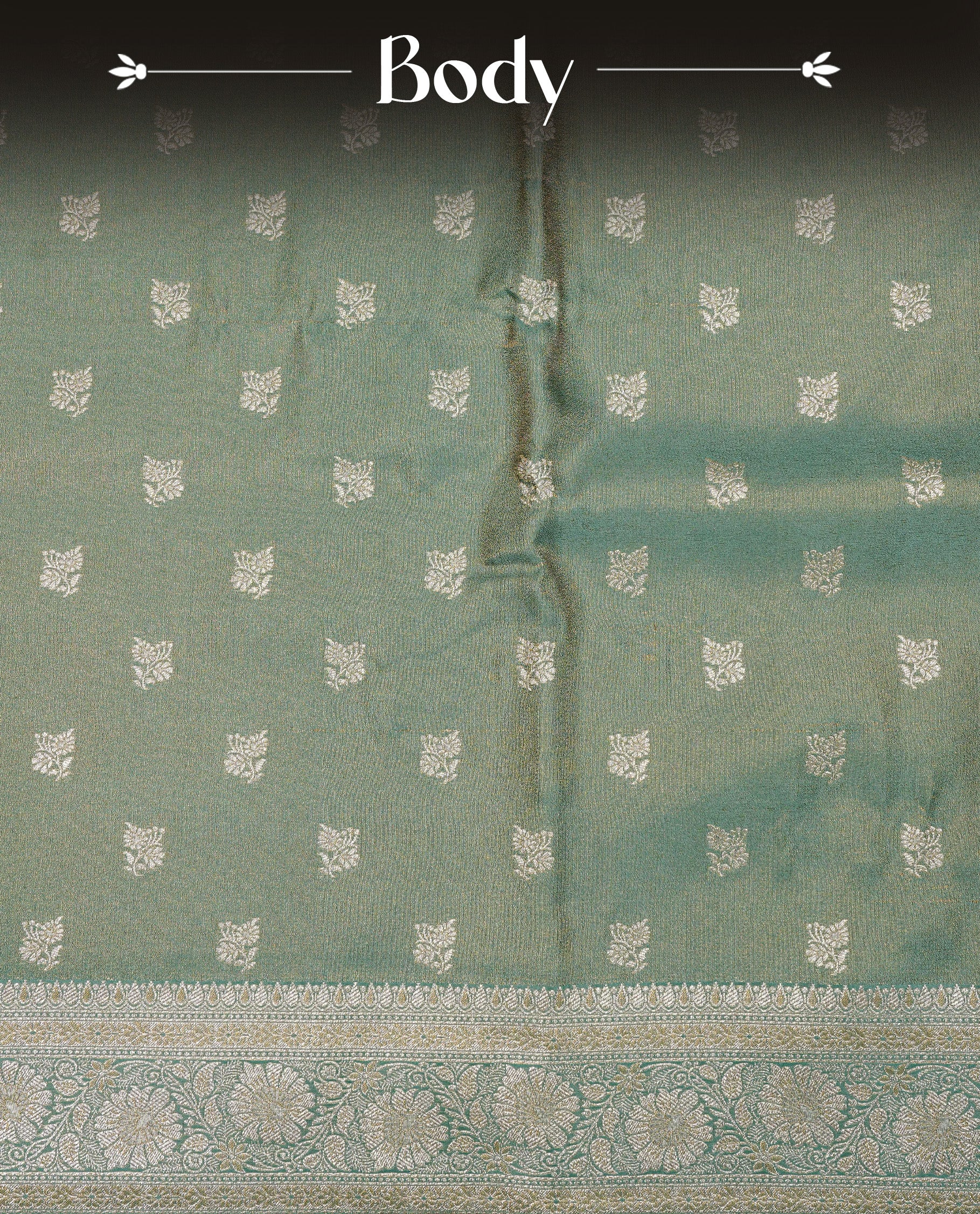 Teal colour Mulberry silk saree featuring gold zari motifs on body, complemented by contrast self colour with gold zari border, comes with matching blouse piece.