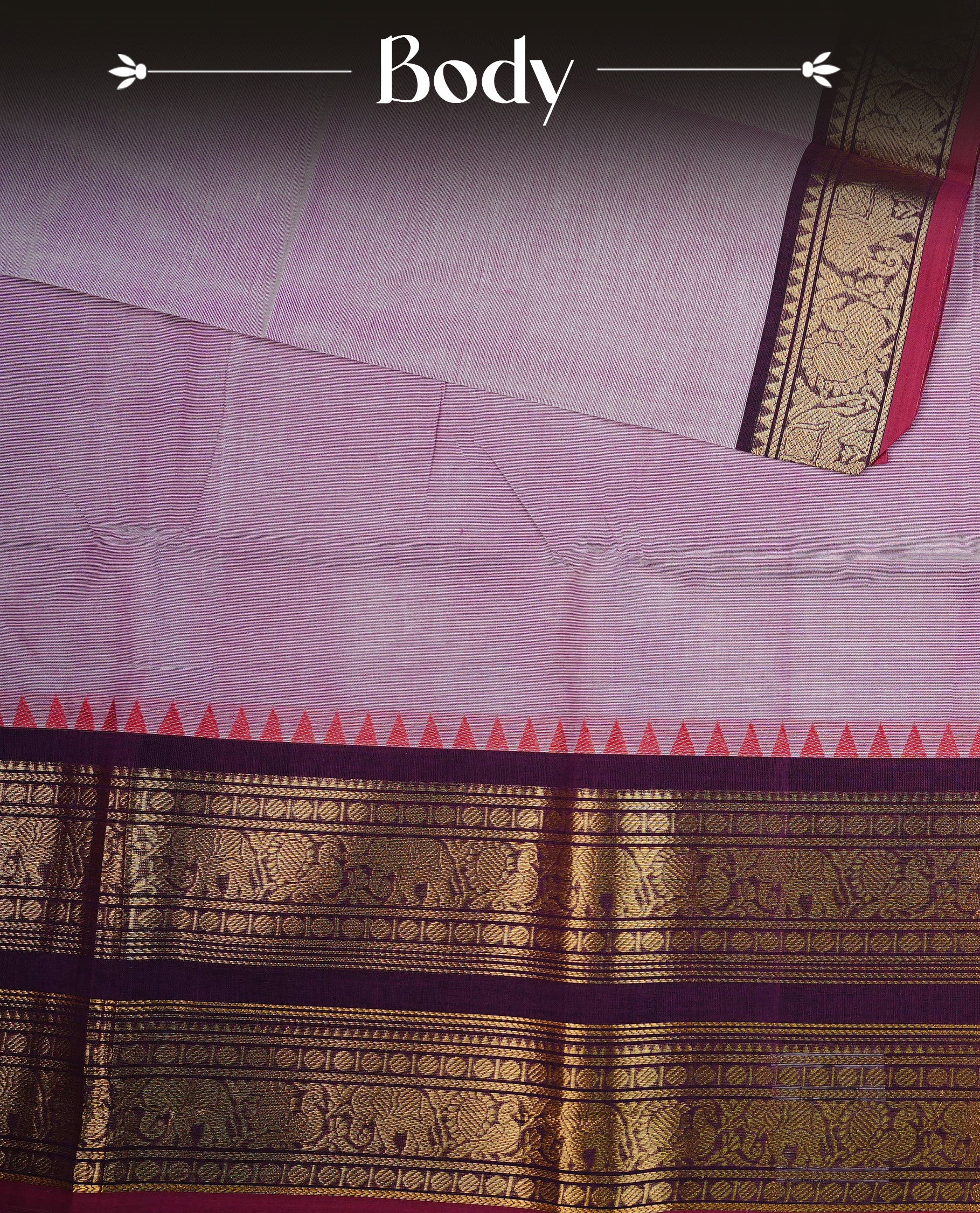 Lavender colour Chettinad cotton saree featuring Elegant plain body, complemented by contrast Purple colour with Gold zari border, paired with matching blouse piece.