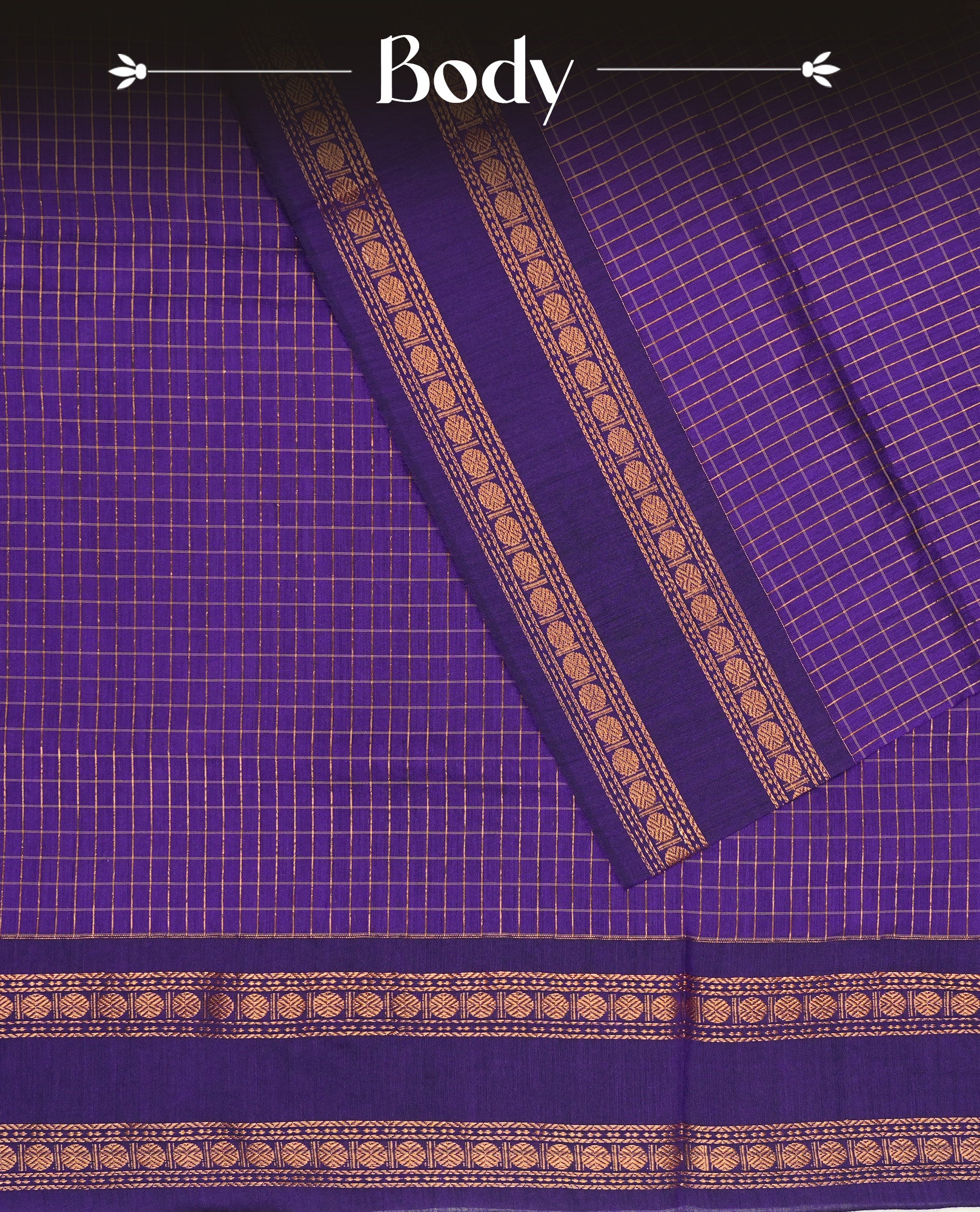 Indigo colour Kalyani cotton featuring Gold zari Check pattern on body, complemented by Self colour With gold zari grand border & pallu, matching blouse piece.