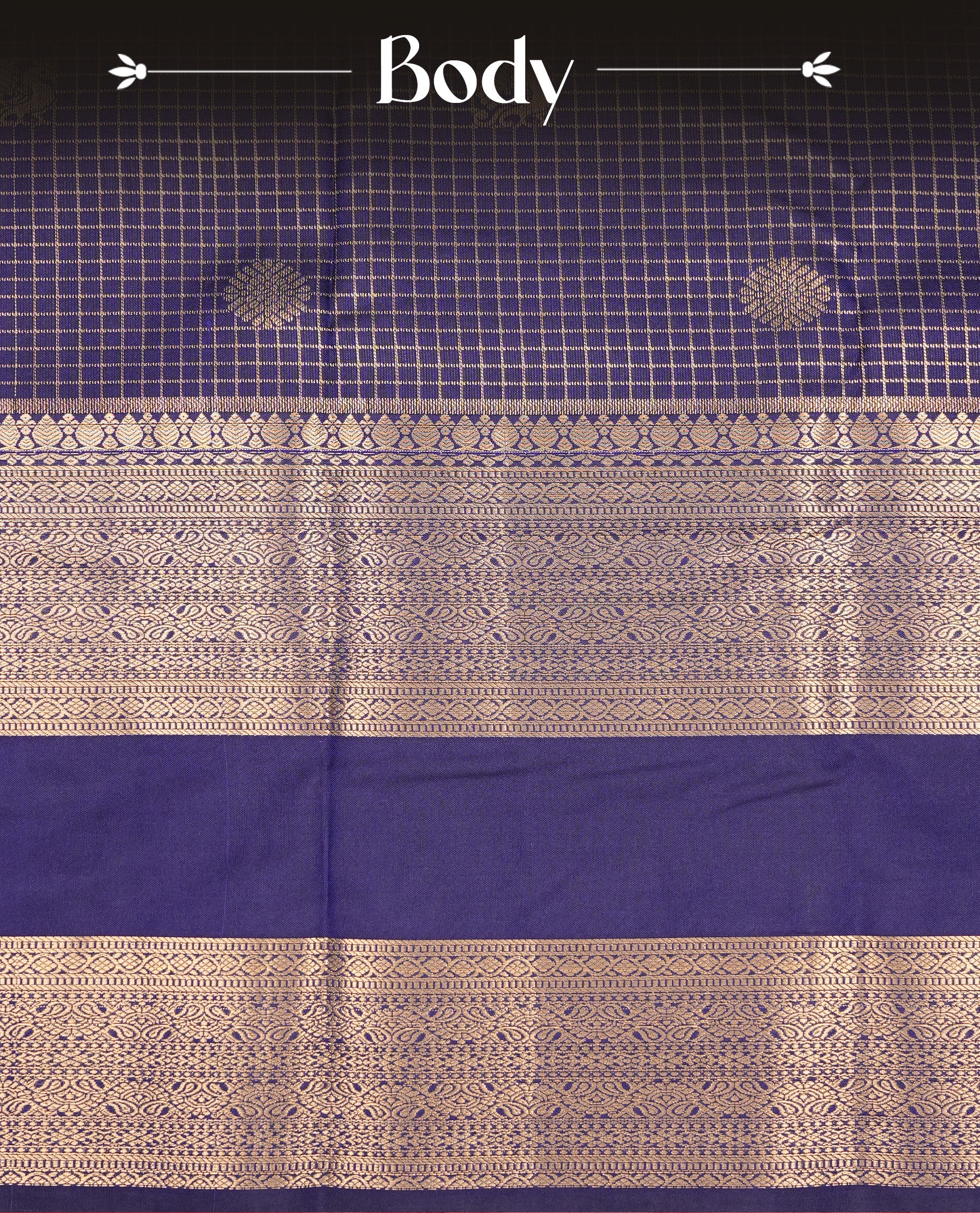 Navy Blue Colour Wedding Silk Saree Featuring Gold zari check pattern on body, complemented by traditional Zari pattern on self colour border, paired with matching blouse piece.