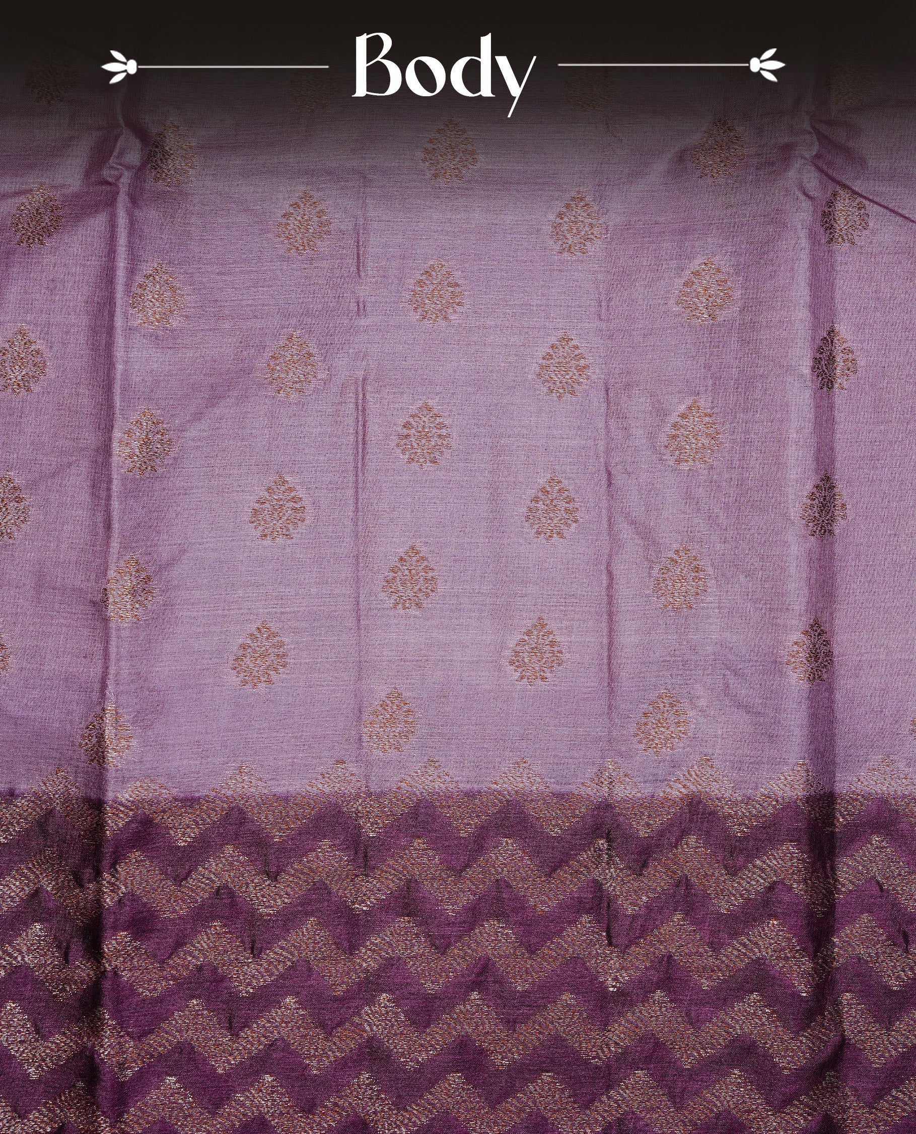 Pastel purple Colour Tussar silk saree featuring Antique Zari motifs on body, Finished with contrast Purple colour Zigzag zari pattern border, paired with matching blouse piece.
