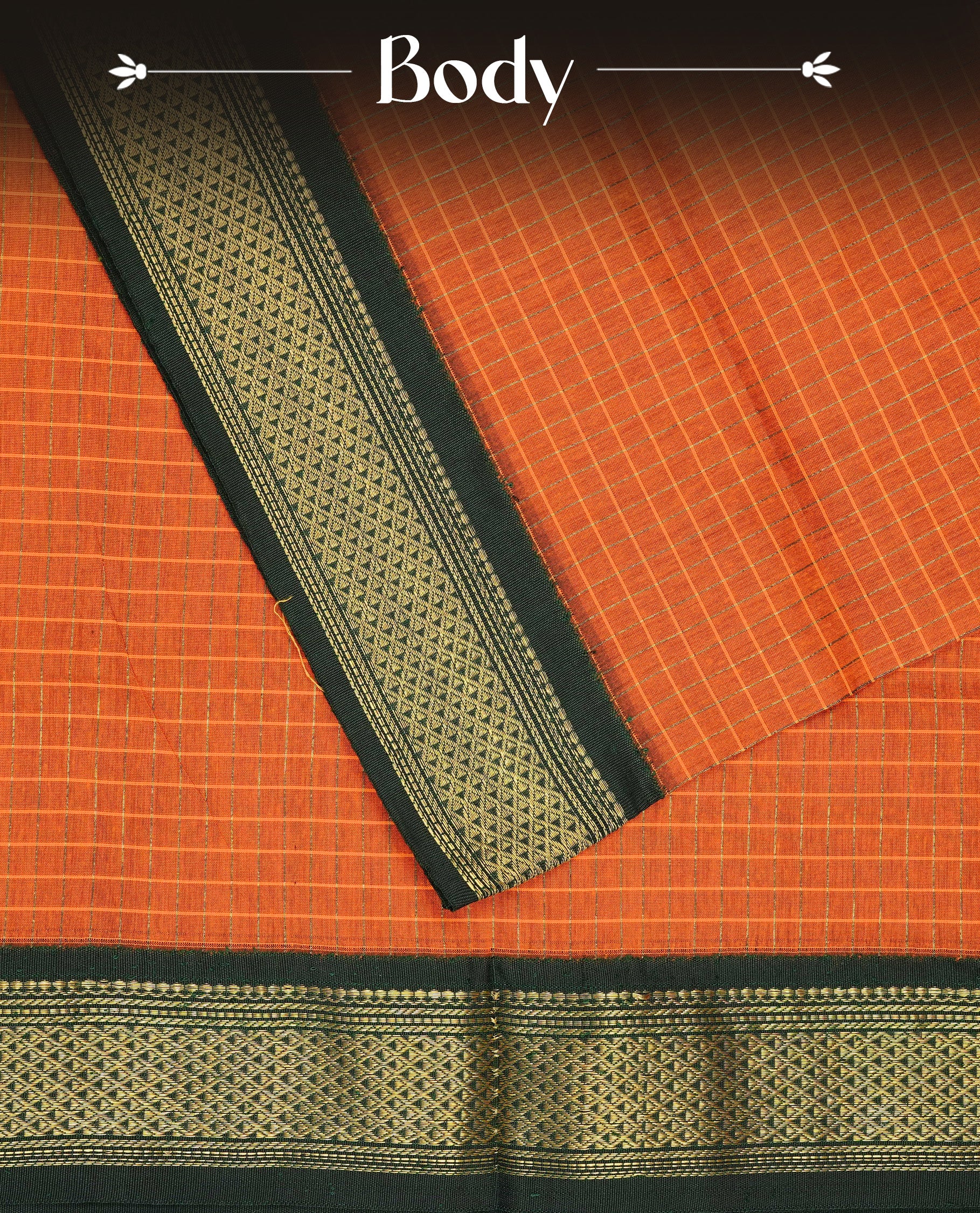 Orange colour kalyani cotton saree featuring Gold zari check pattern on body, complemented by contrast green colour with grand gold zari border & pallu, paired matching blouse piece.