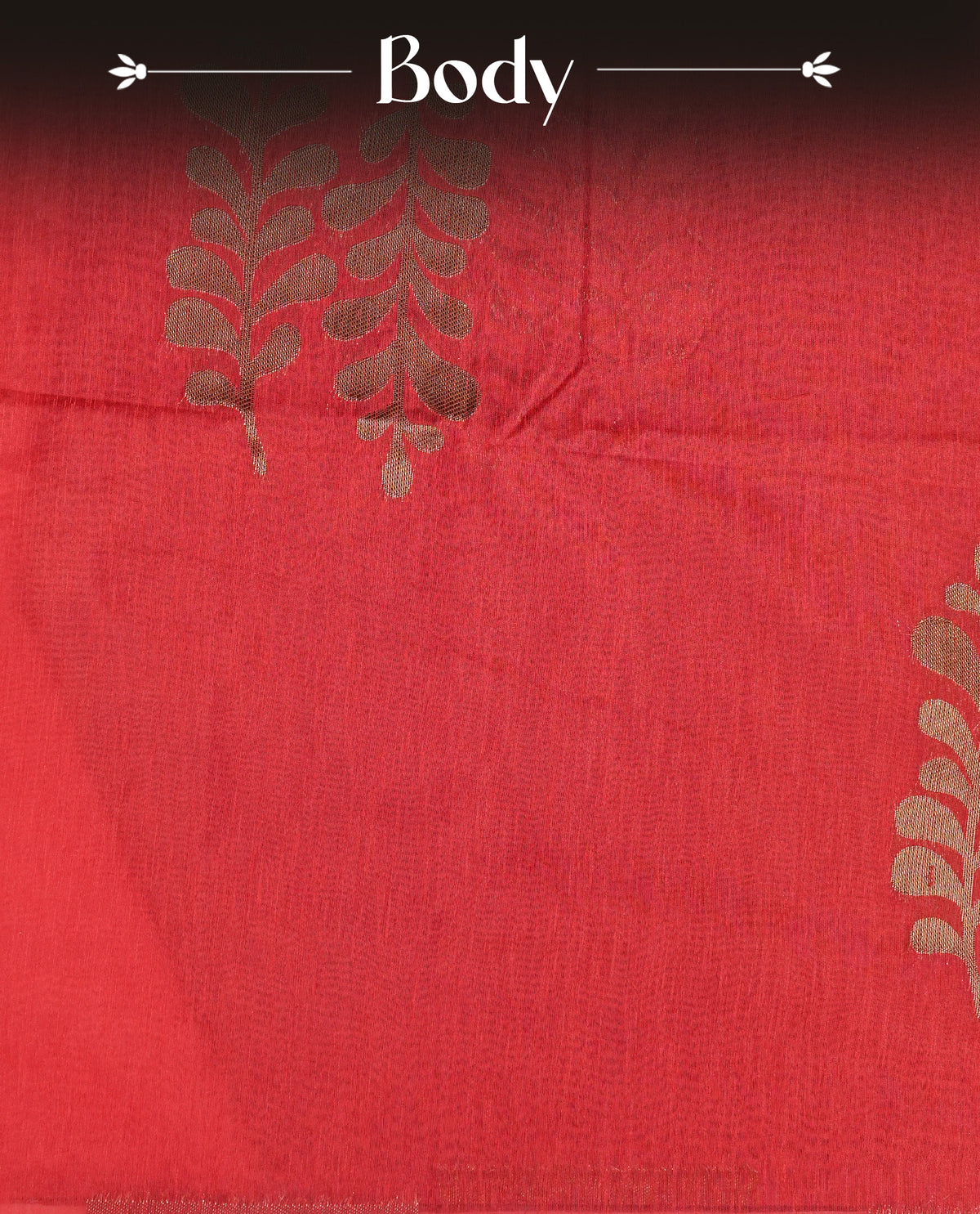 Red colour semi linen saree with elegant gold zari leaf motifs across the body, complemented by a contrast Black colour with grand gold zari pallu and a borderless design, paired with a matching blouse piece.
