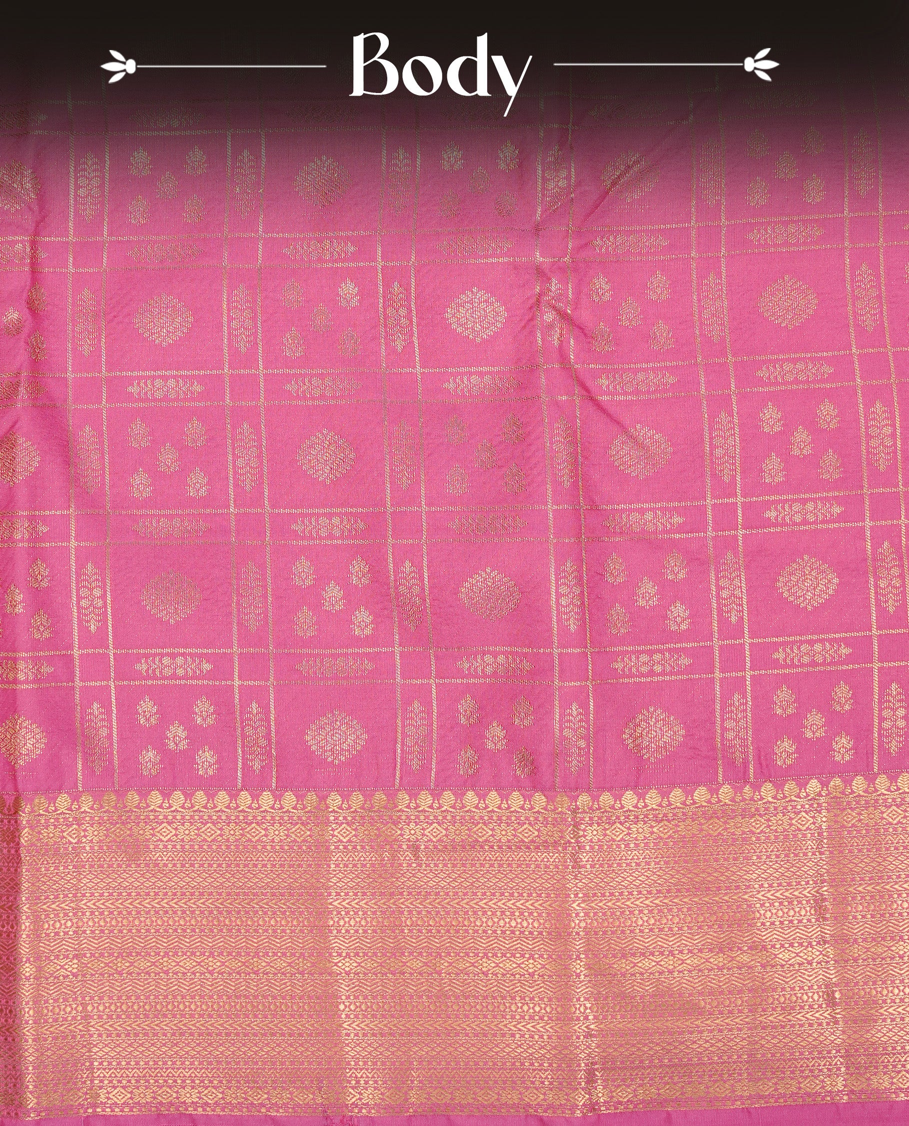Pink Semi Wedding Silk Saree featuring Gold Zari Check with Motifs On body, Complemented with traditional zari with Self colour border, paired with matching blouse piece.