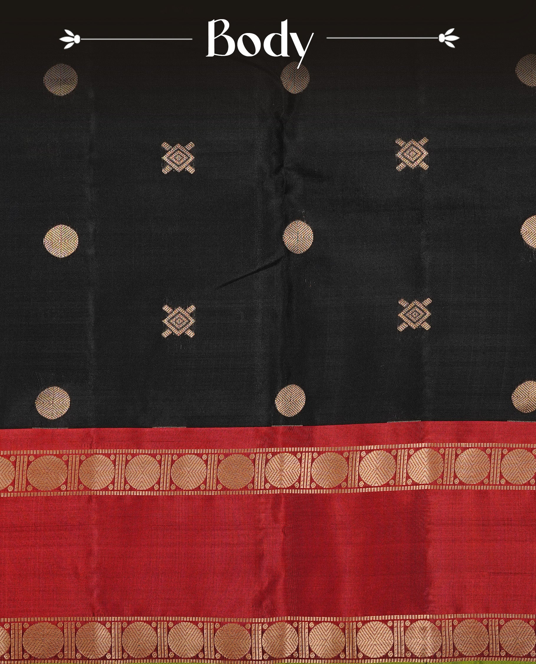 Black colour Traditional Kancheepuram silk saree featuring gold zari motifs on body, enhanced with contrast Red with traditional with green piping border, paired with matching blouse piece.