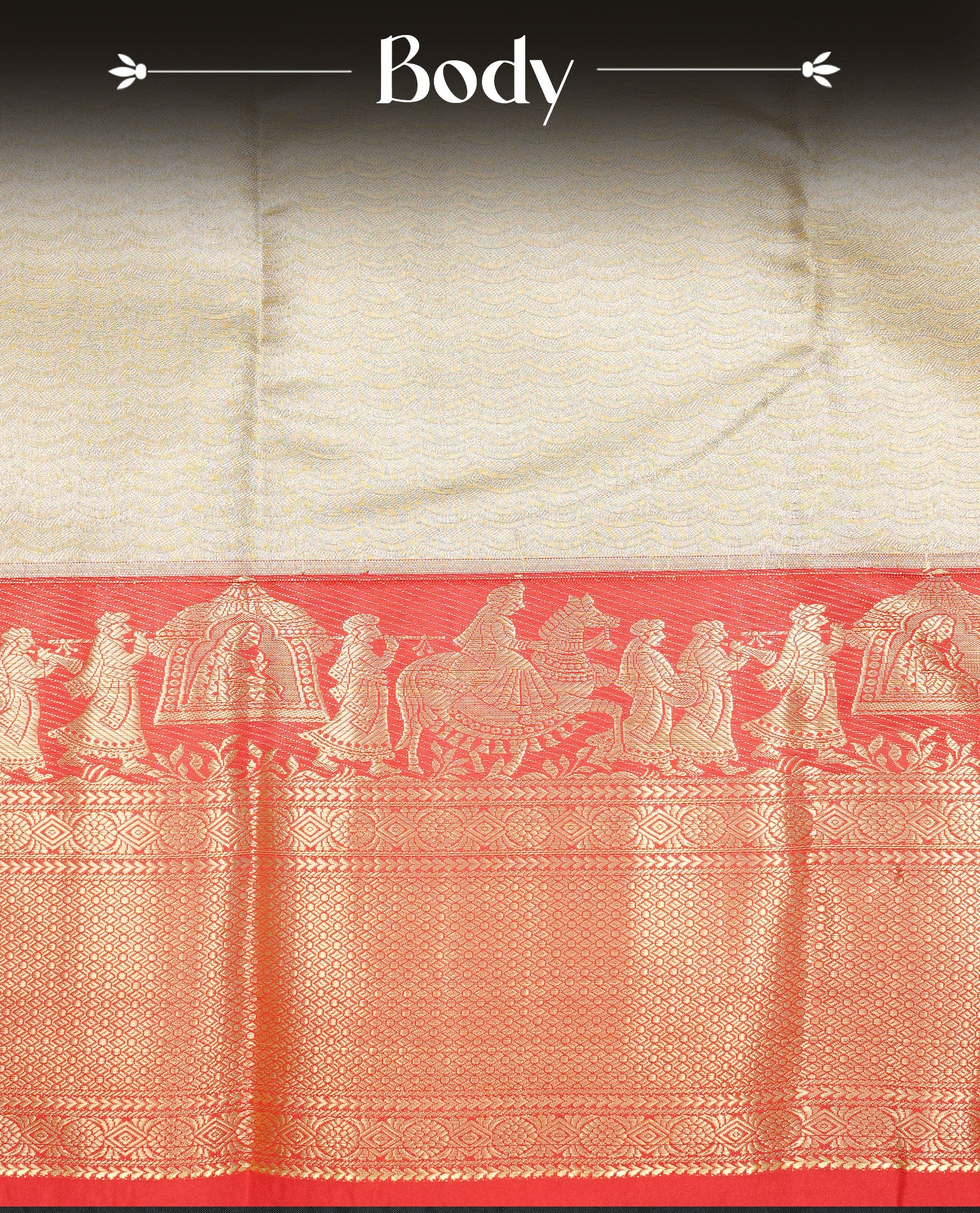 Gold colour Semi Tissue silk saree featuring silver zari pattern on body, complemented by traditional border with contrast Red colour, paired with matching blouse piece.