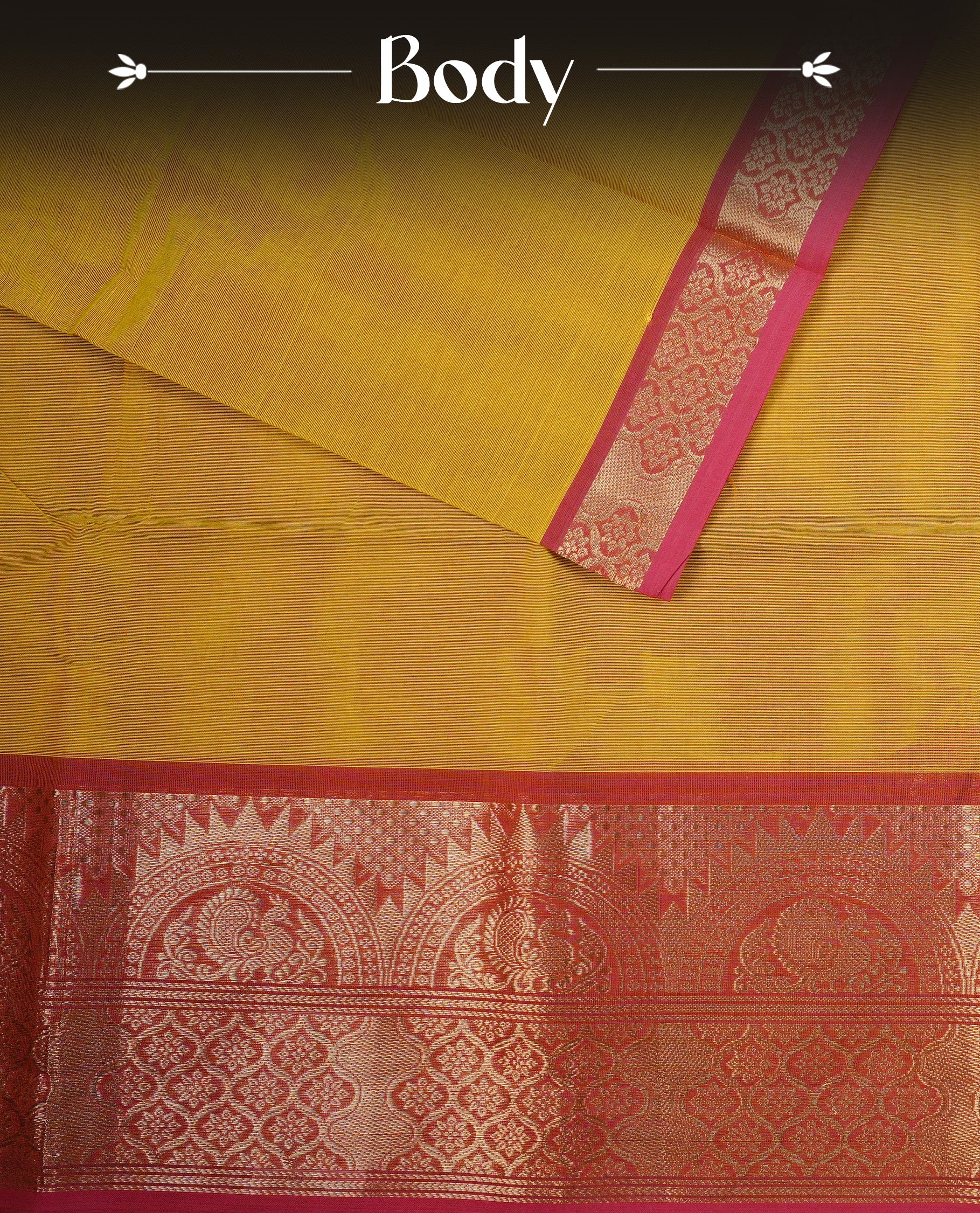 Dark Yellow colour chettinad cotton saree featuring Plain body, complemented by Contrast Brick Red Colour With Gold Zari border, paired with matching blouse piece.
