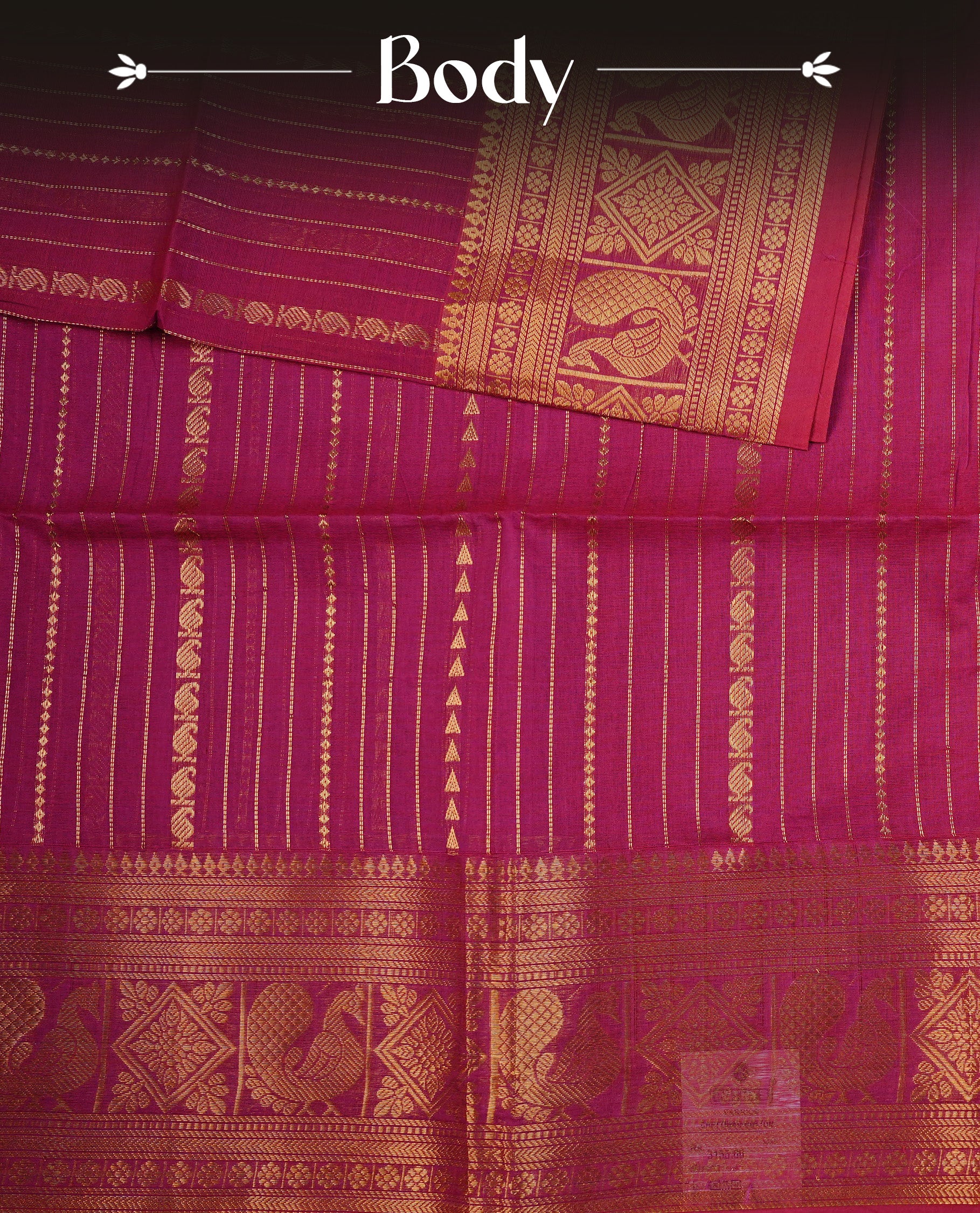 Magenta colour chettinad cotton saree featuring Gold Zari Stripes on body, complemented by Contrast Colour With Traditional Gold Zari border, paired with matching blouse piece.