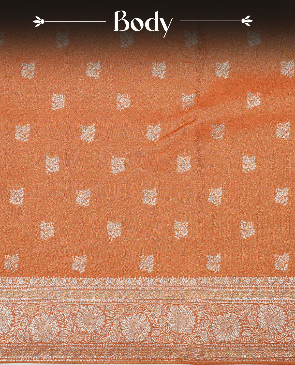 Orange colour Mulberry silk saree featuring gold zari motifs on body, complemented by contrast self colour with gold zari border, comes with matching blouse piece.