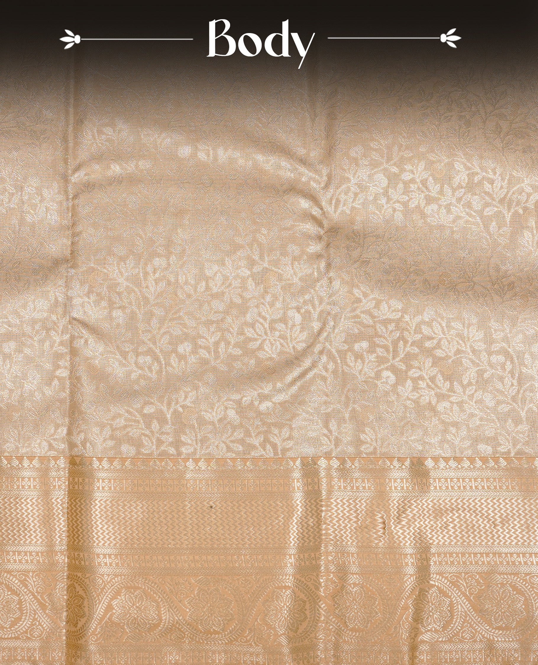Golden Cream colour Semi Tissue silk saree featuring Gold zari kodi pattern on body, complemented by traditional border with self colour, paired with matching blouse piece.