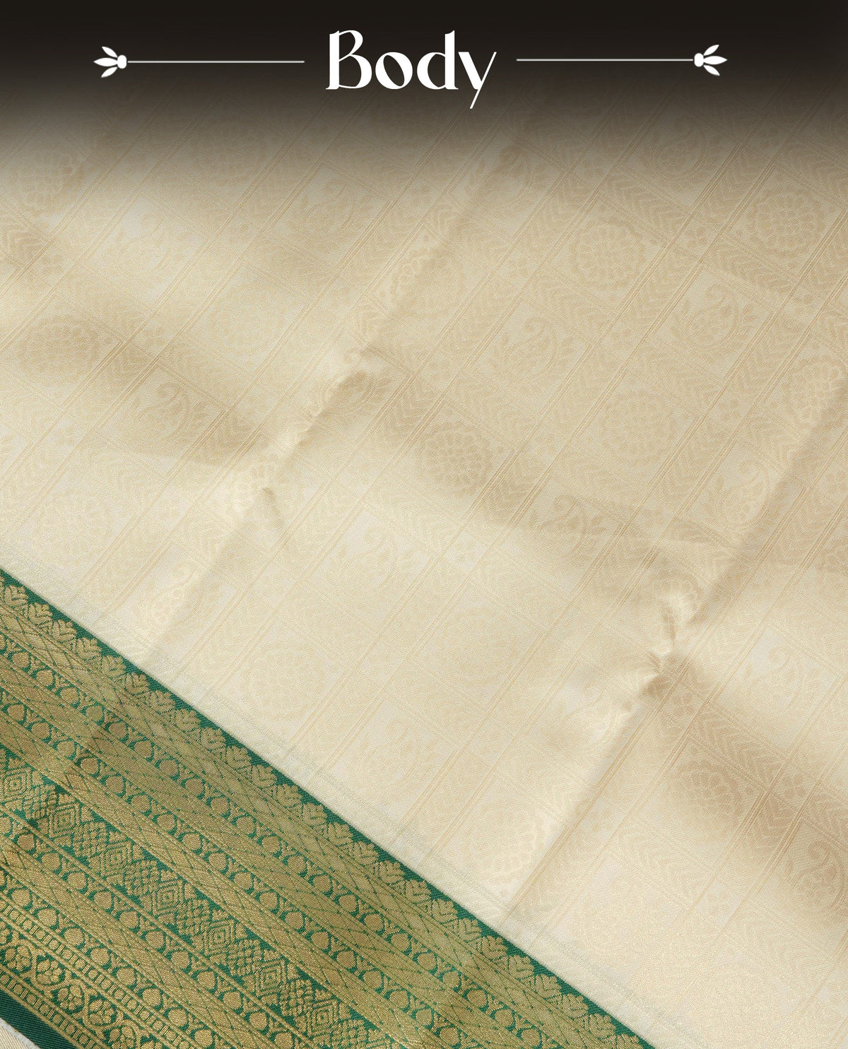 Cream Colour Semi Soft Silk Saree Featuring Gold zari Check With motifs Pattern On Body, Highlighted by contrast Green border with Gold zari, paired with matching blouse piece.