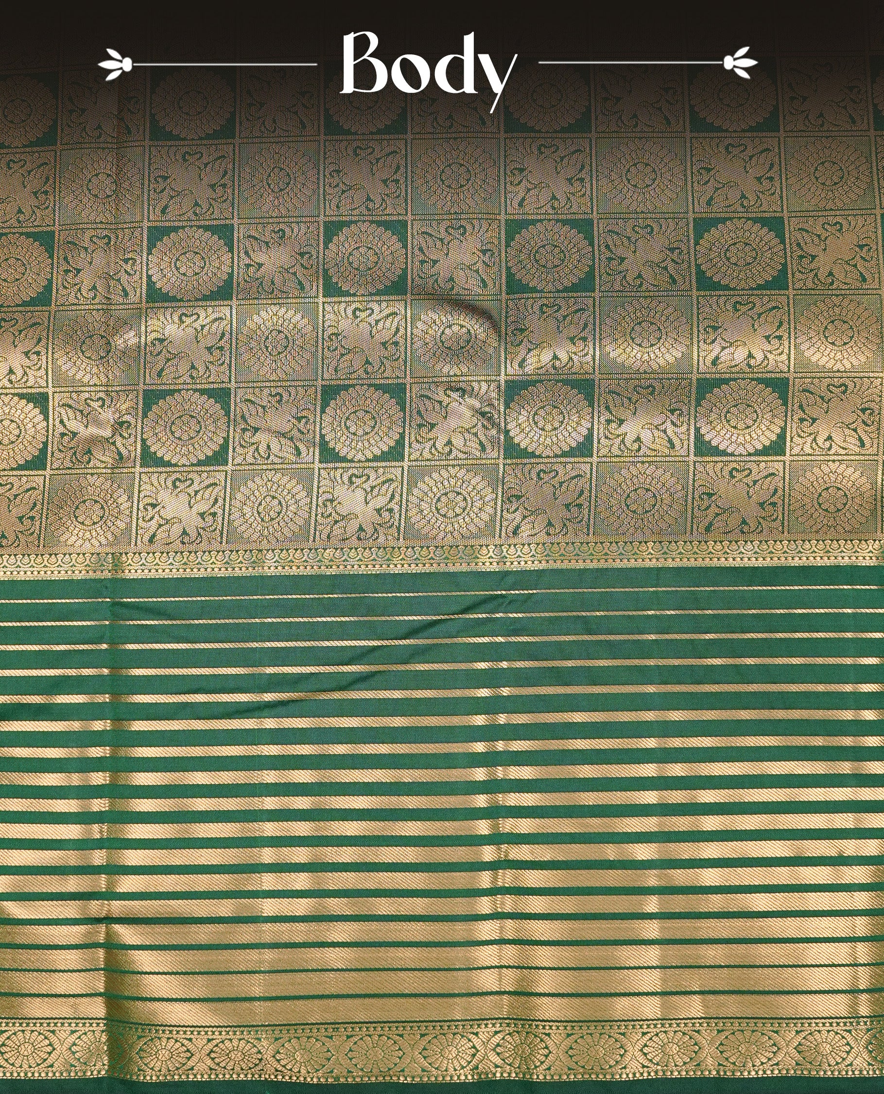 Green Semi Wedding Silk Saree featuring Gold Zari Box with Motifs On body, Complemented with traditional zari with Self colour border, paired with matching blouse piece.