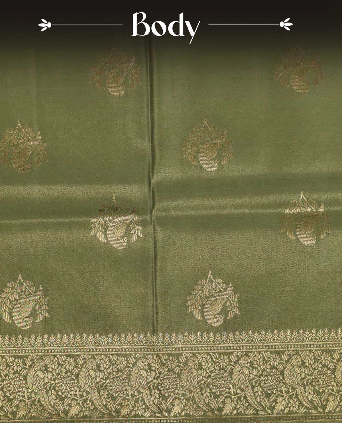 Pastel green colour Mulberry silk saree featuring Gold zari bird motifs on body, complemented by self colour with gold zari border, comes with matching blouse piece.