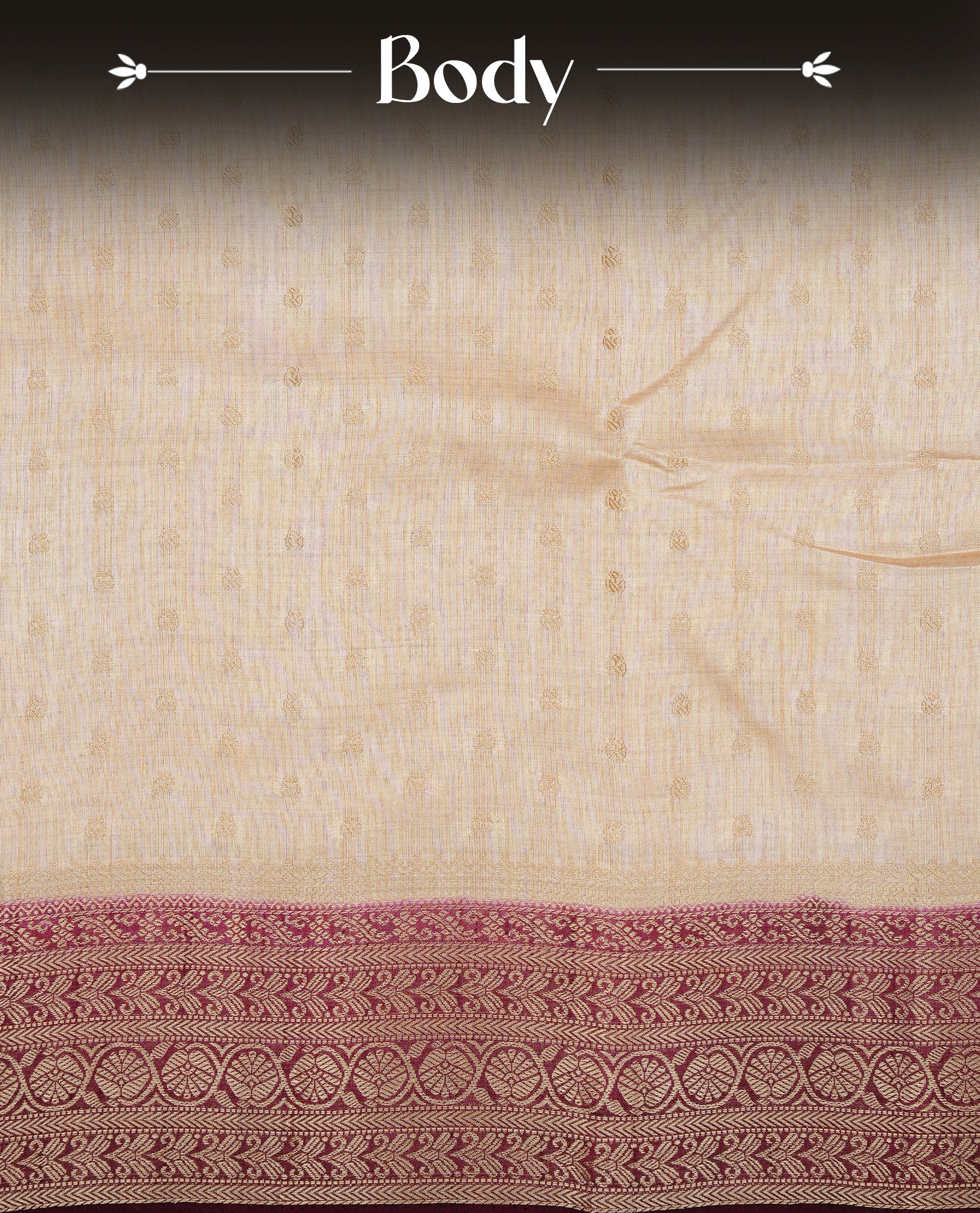 Cream colour Semi Tussar silk saree featuring an Gold zari motifs on body, accentuated by a contrast Maroon border adorned with intricate gold zari work, paired with a matching blouse piece.