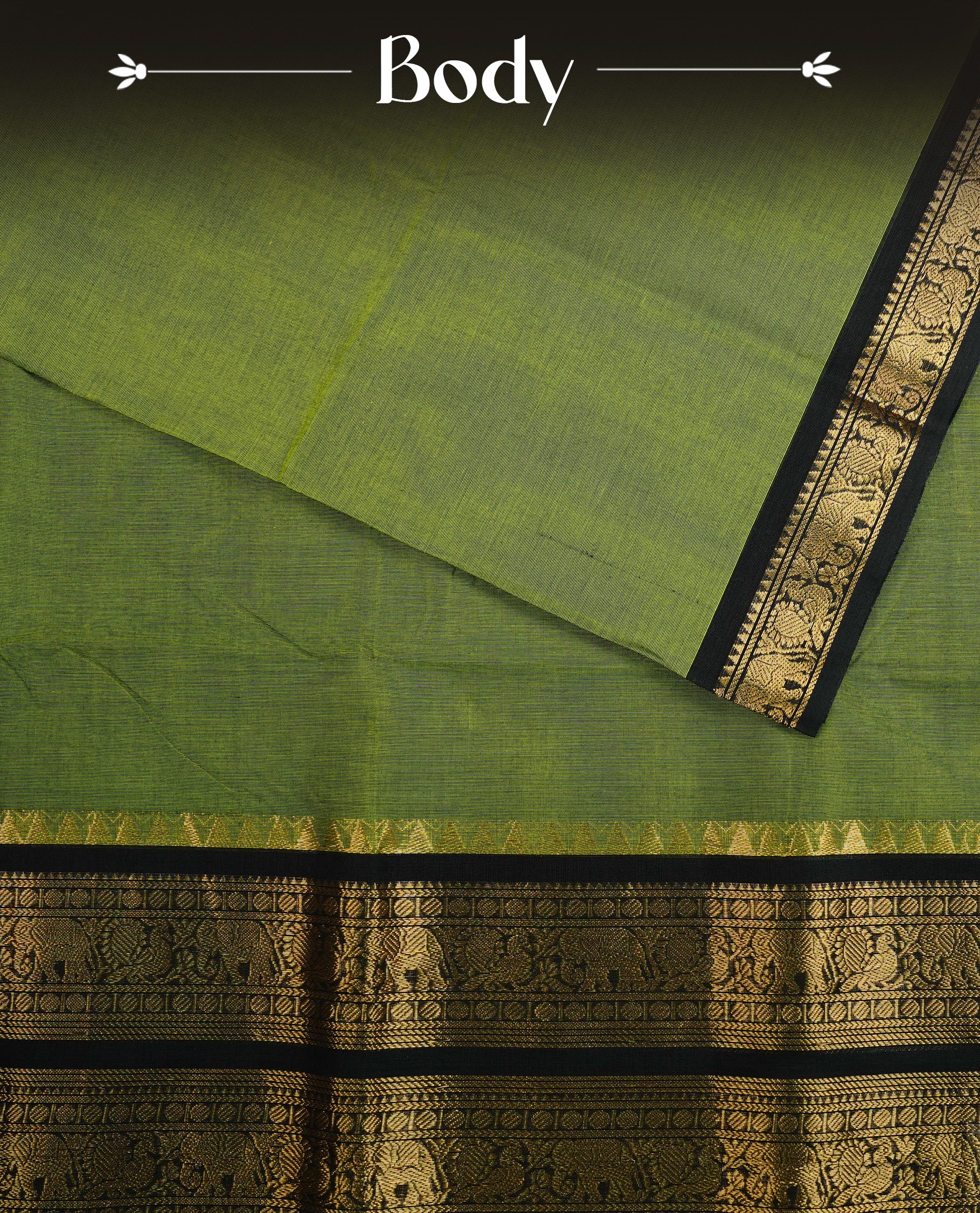 Green colour Chettinad cotton Featuring elegant plain body, complemented by contrast Black colour with gold zari border, paired with matching blouse piece.